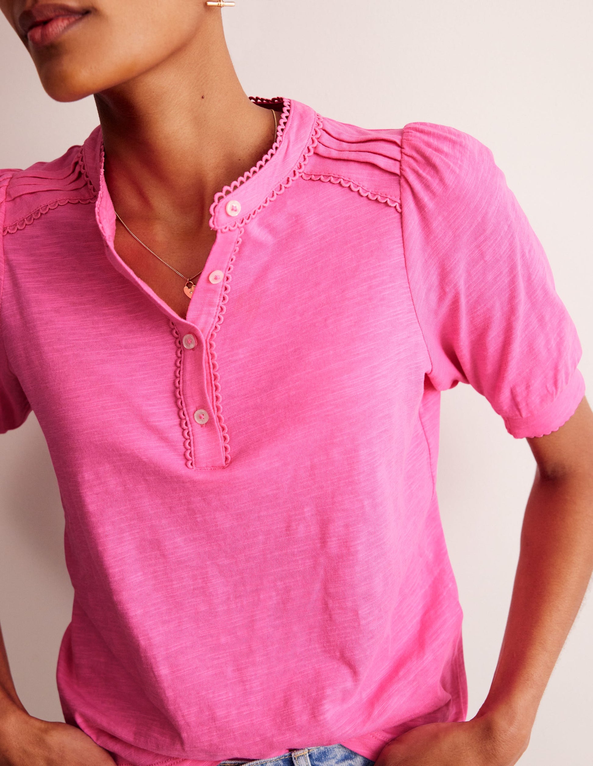 Pintuck Puff Sleeve Henley-Party Pink-2