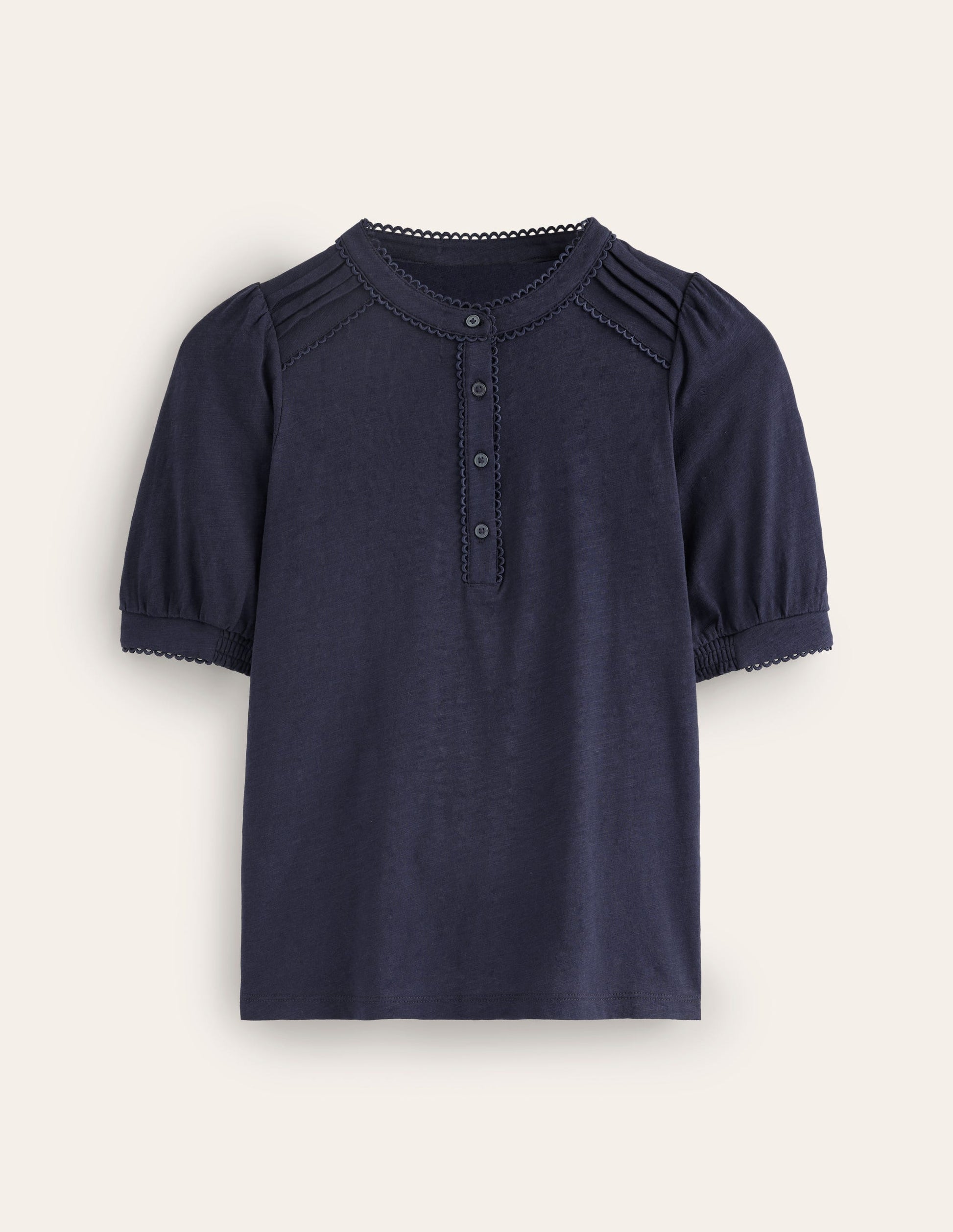 Pintuck Puff Sleeve Henley-Navy-5