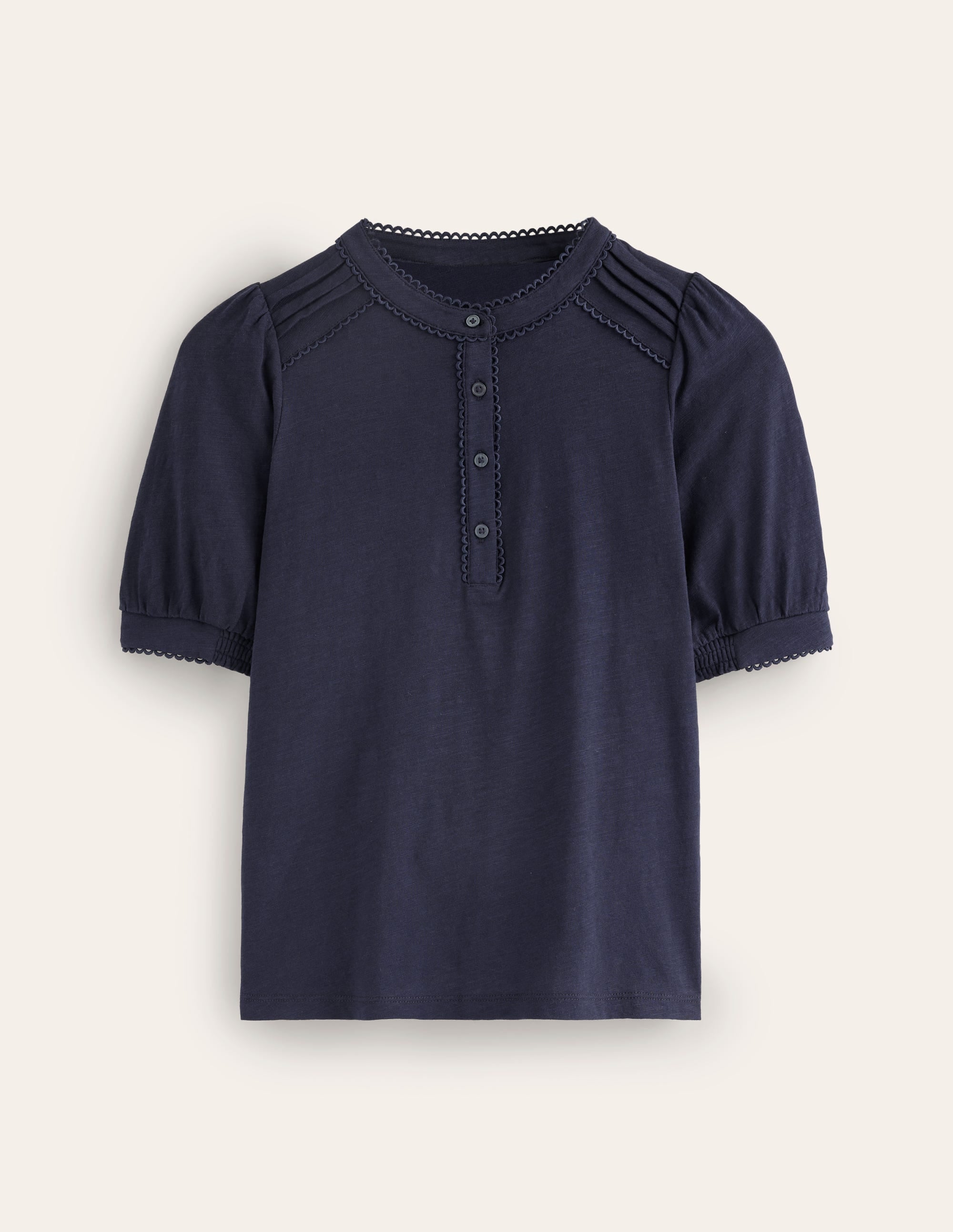 Pintuck Puff Sleeve Henley-Navy - Image 5