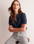 Pintuck Puff Sleeve Henley-Navy
