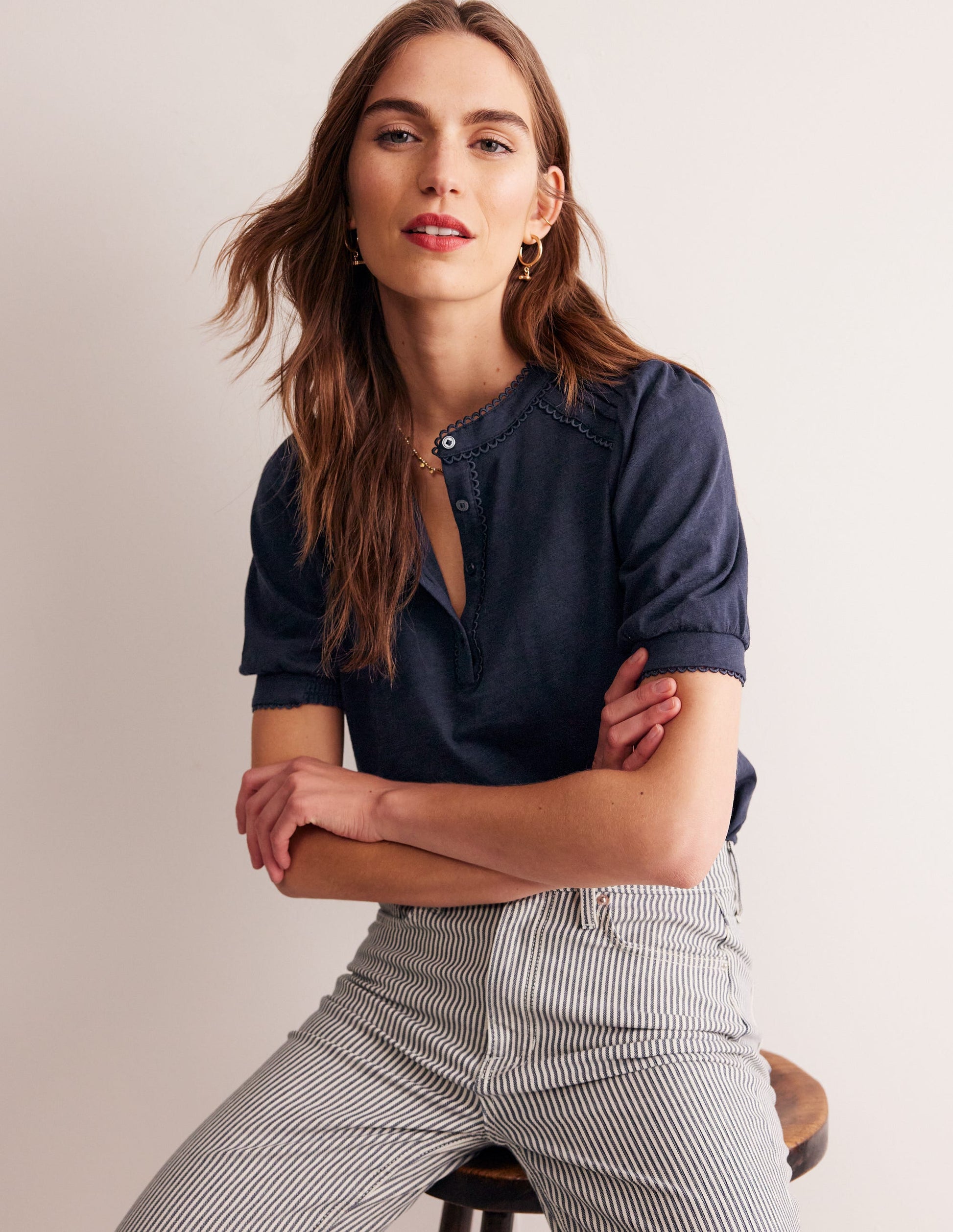 Pintuck Puff Sleeve Henley-Navy-1