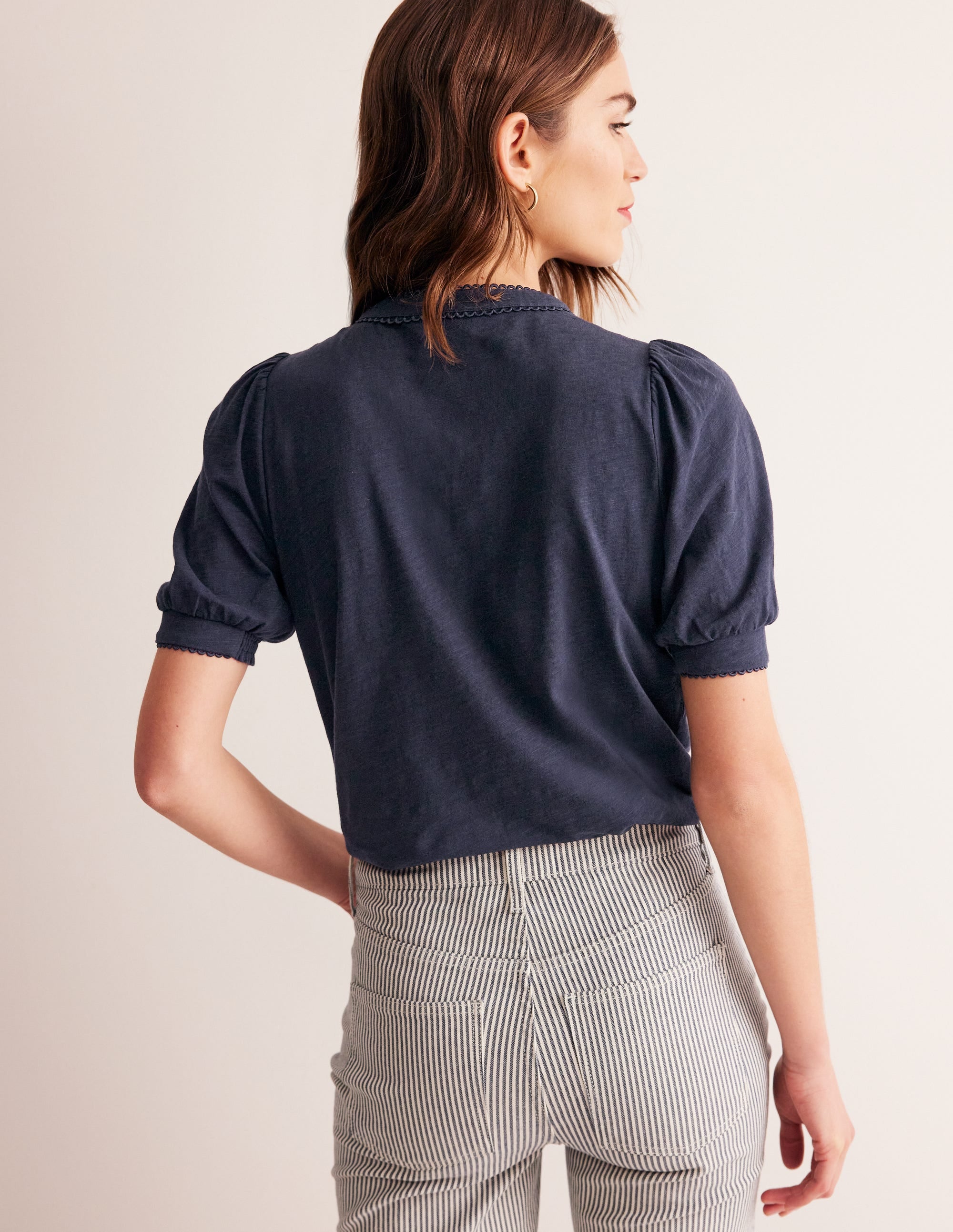Pintuck Puff Sleeve Henley-Navy - Image 3