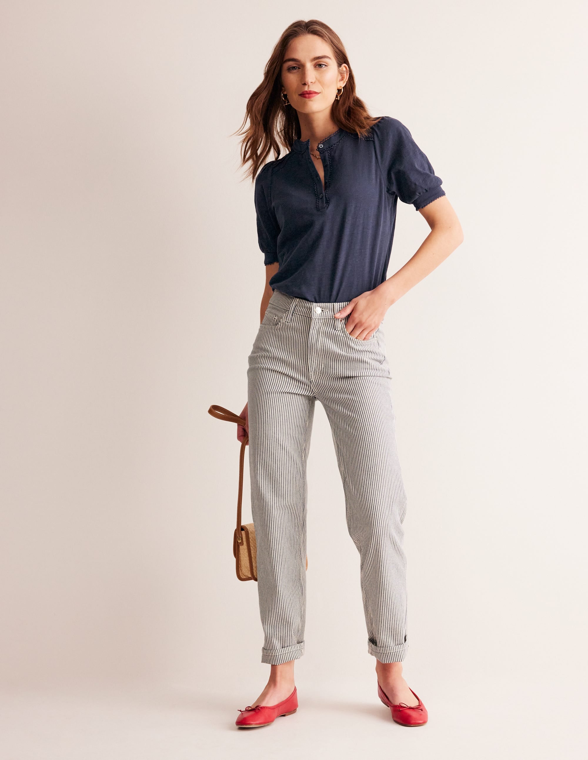 Pintuck Puff Sleeve Henley-Navy - Image 4