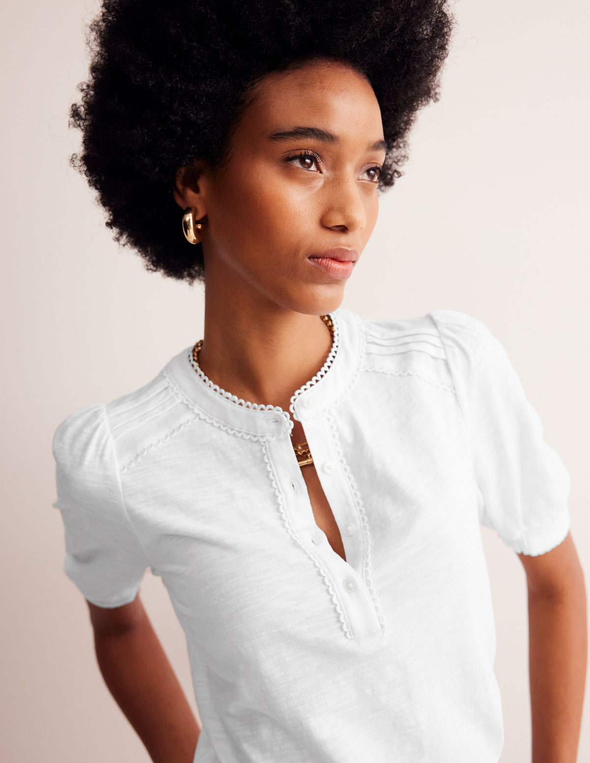 Pintuck Puff Sleeve Henley-White - Image 2