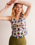 Linen V-Neck Waistcoat-Ivory, Botanic Sprig