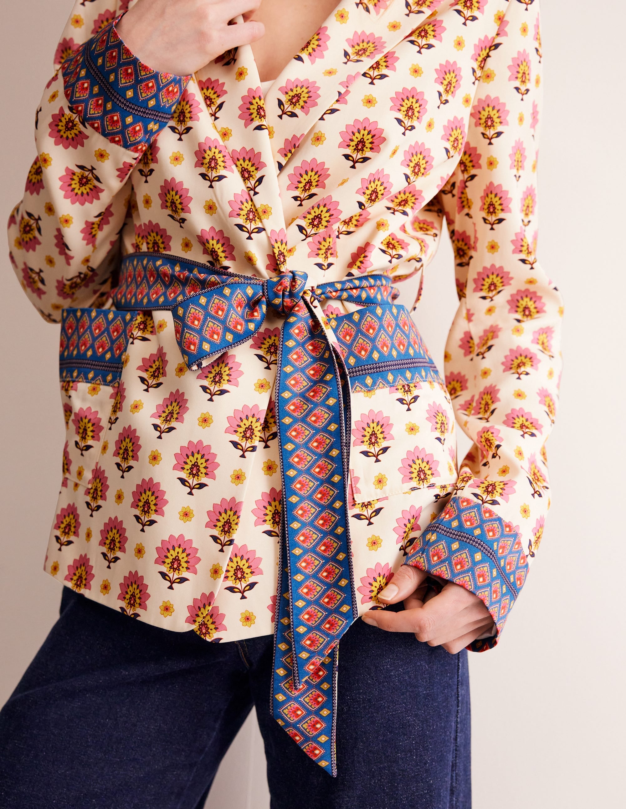 Satin Belted Blazer-Ivory, Passion Geo - Image 5