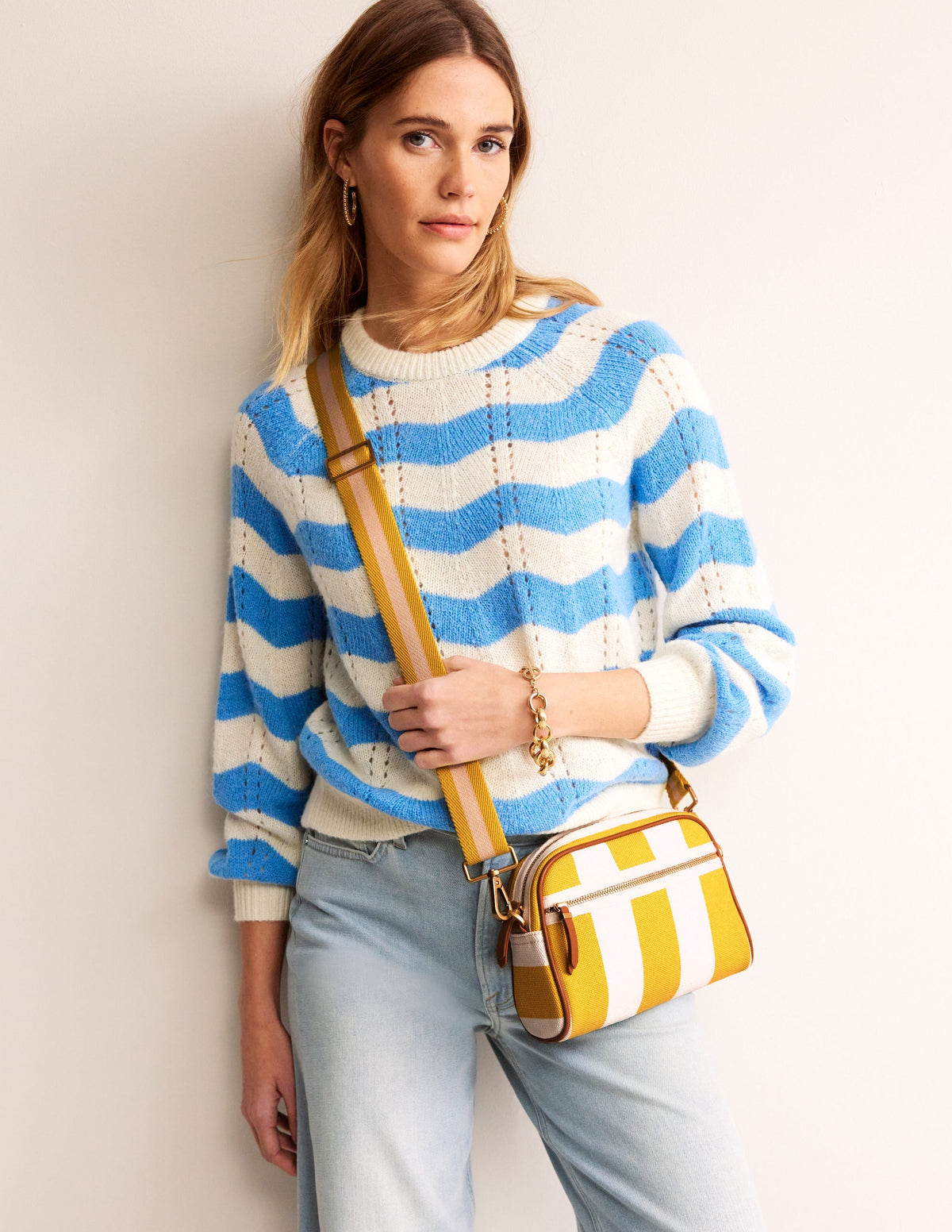 Canvas Cross-Body Bag-Yellow Stripe - Image 1