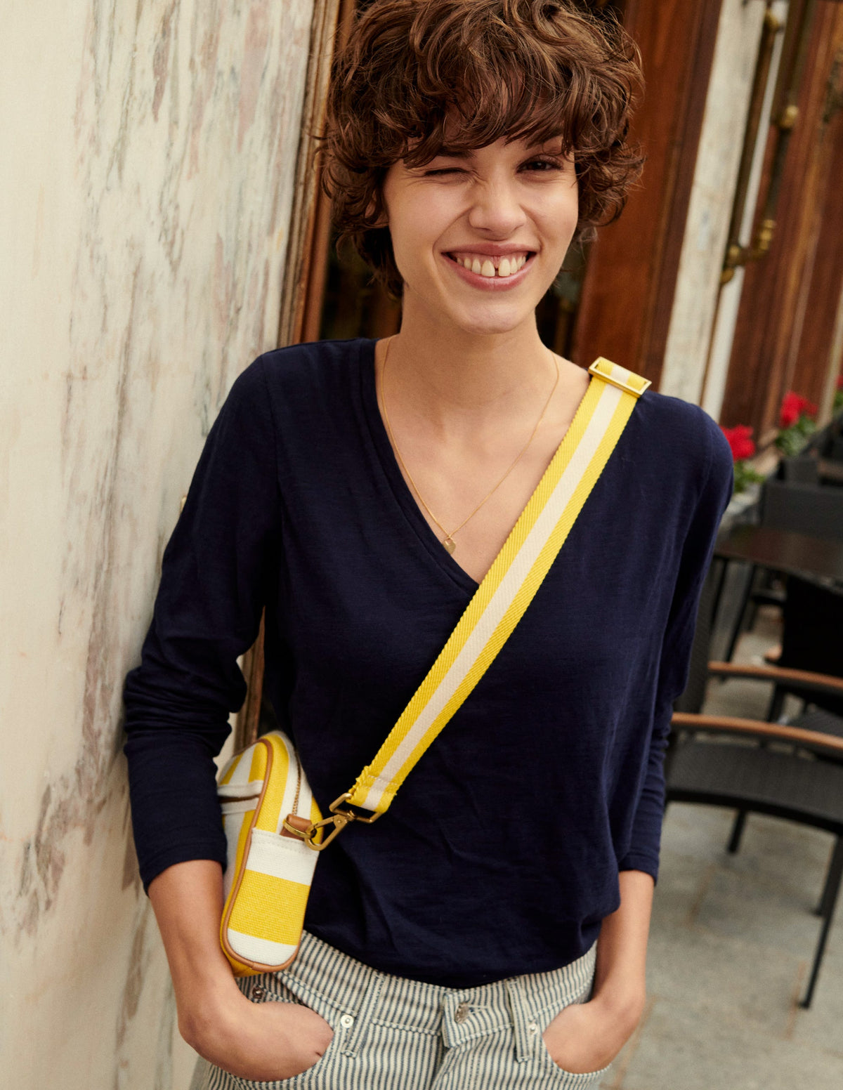 Canvas Cross-Body Bag-Yellow Stripe - Image 5