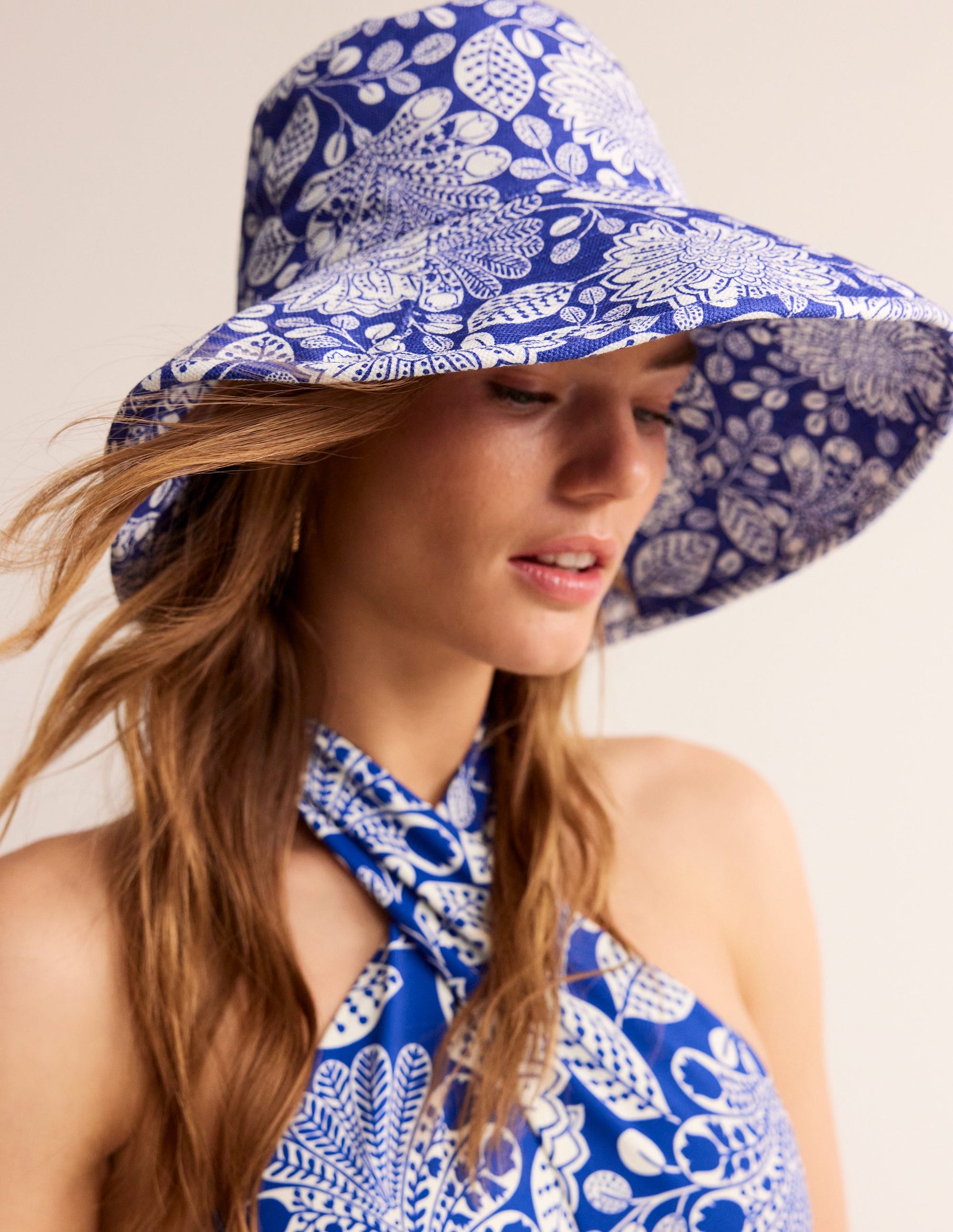 Printed Canvas Bucket Hat-Bright Blue, Gardenia Swirl-1