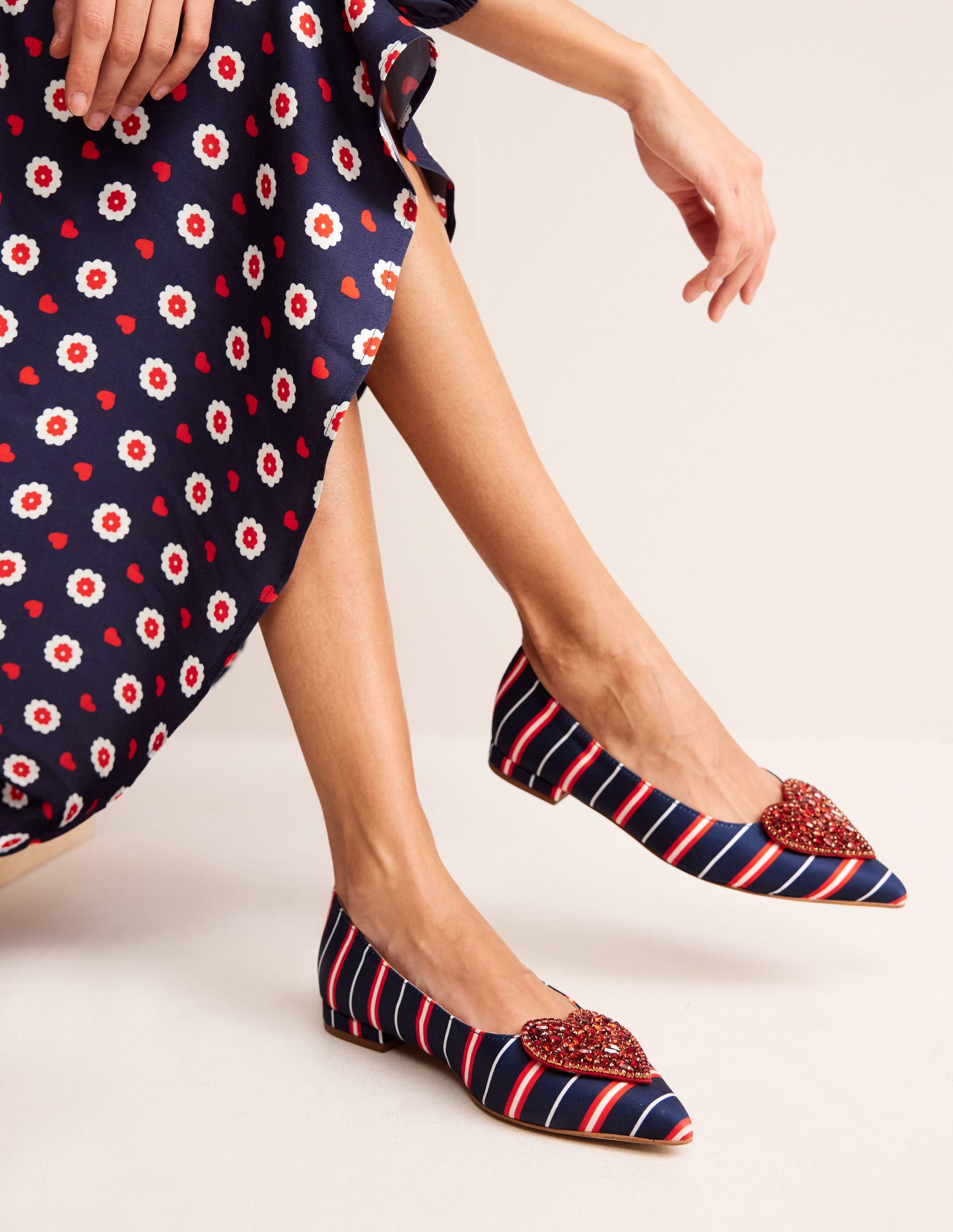 Heart Embellished Flat Point-Navy Stripe - Image 1