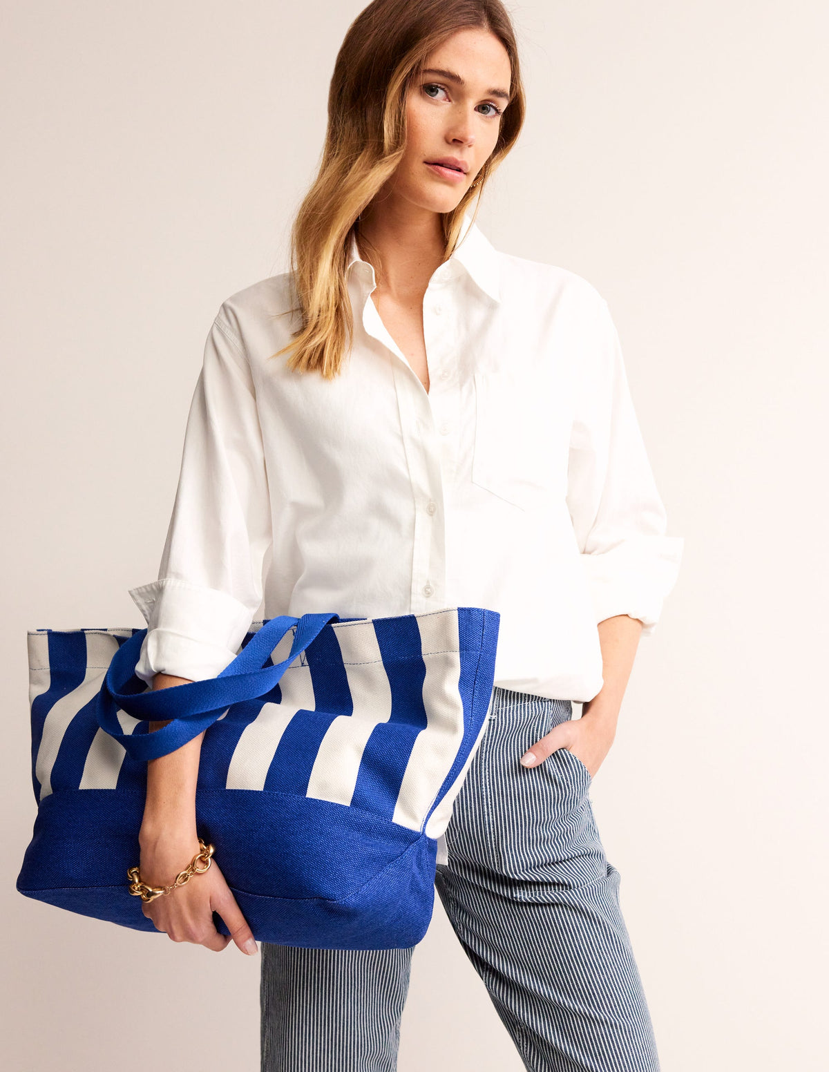 Relaxed Canvas Tote Bag-Blue Stripe - Image 1