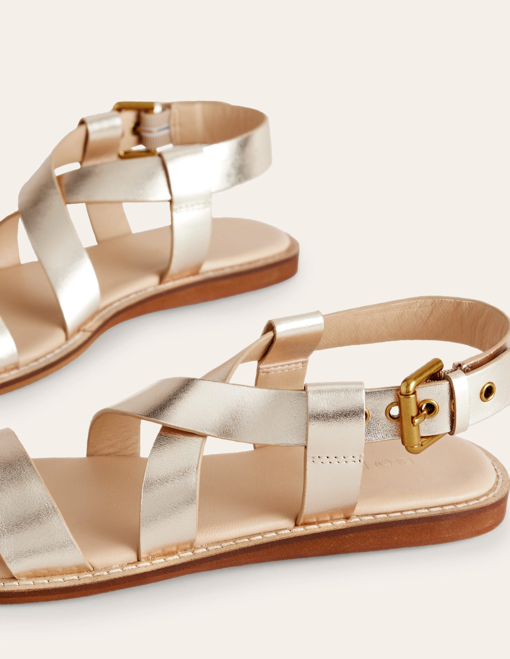 Cross Strap Flat Sandals-Gold Leather-5