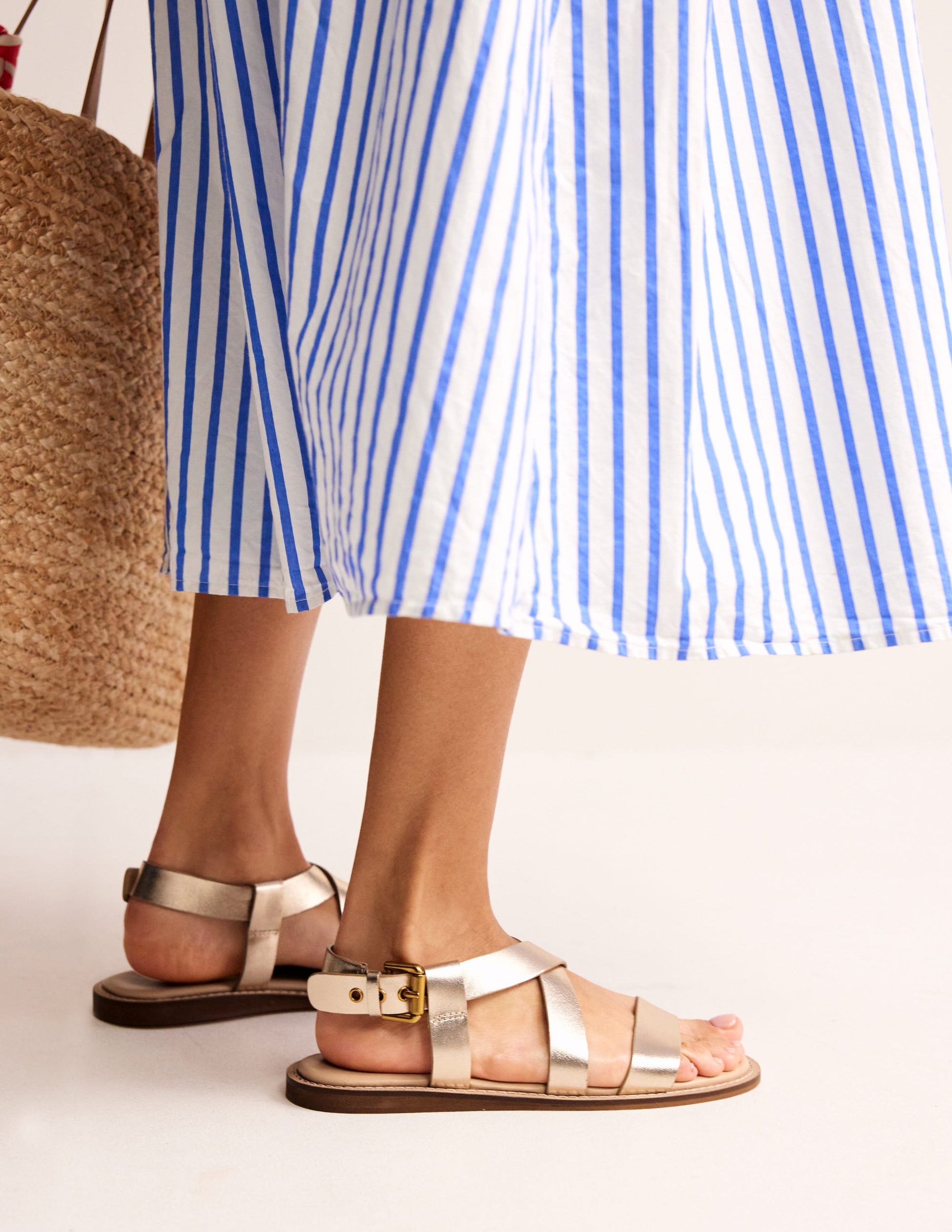 Cross Strap Flat Sandals-Gold Leather-1