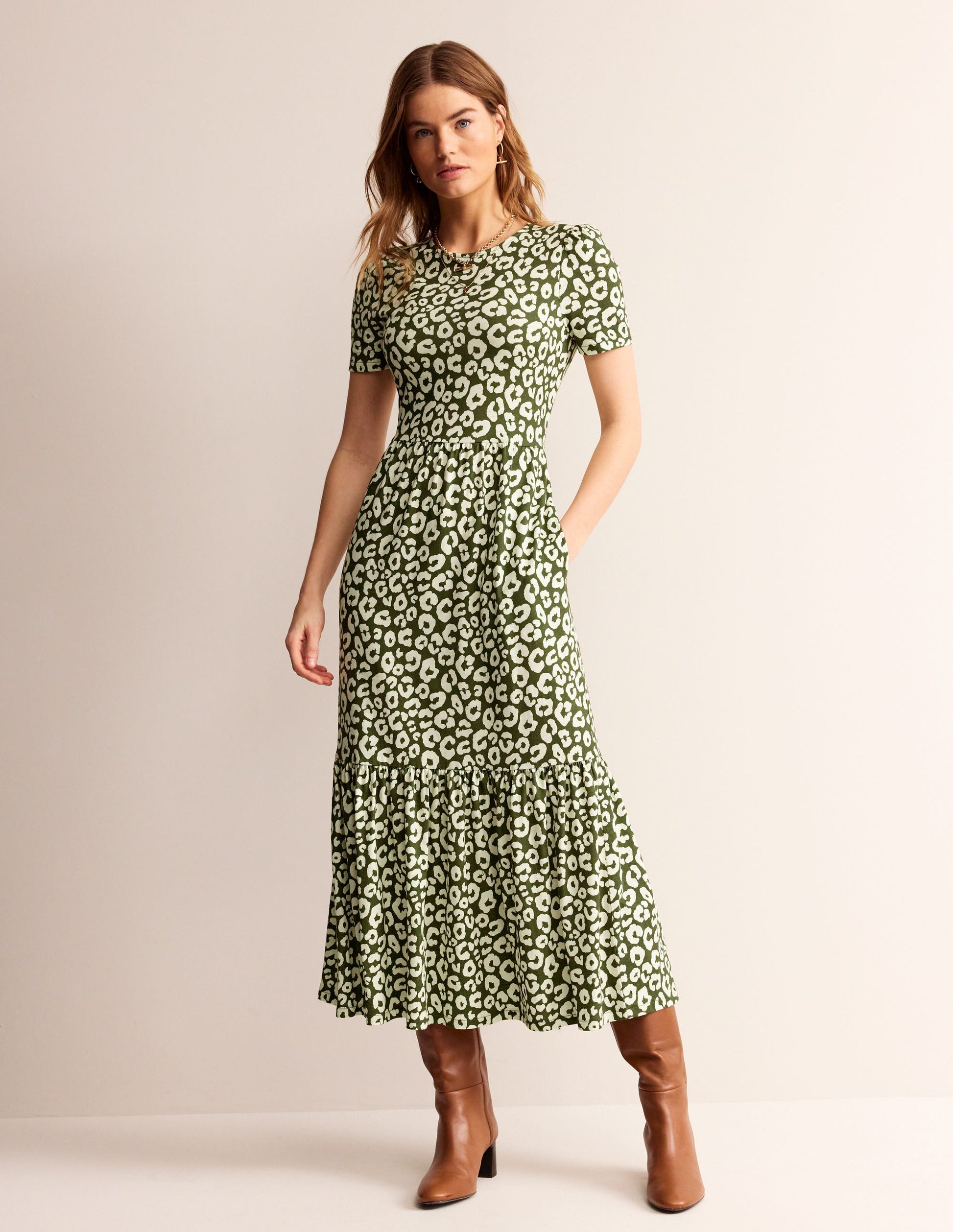 Emma Tiered Jersey Midi Dress-Moss, Animal Cheetah-1