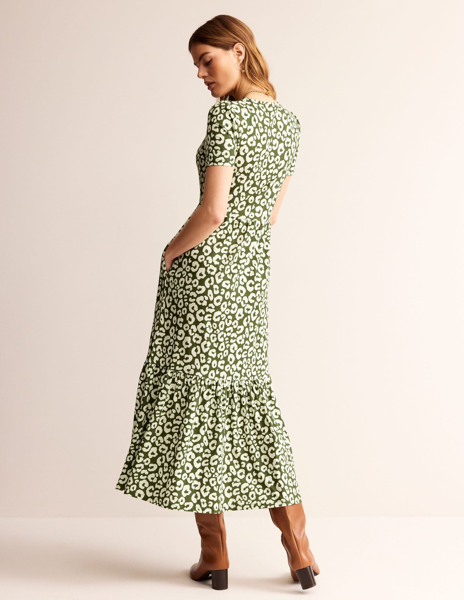Emma Tiered Jersey Midi Dress-Moss, Animal Cheetah-3