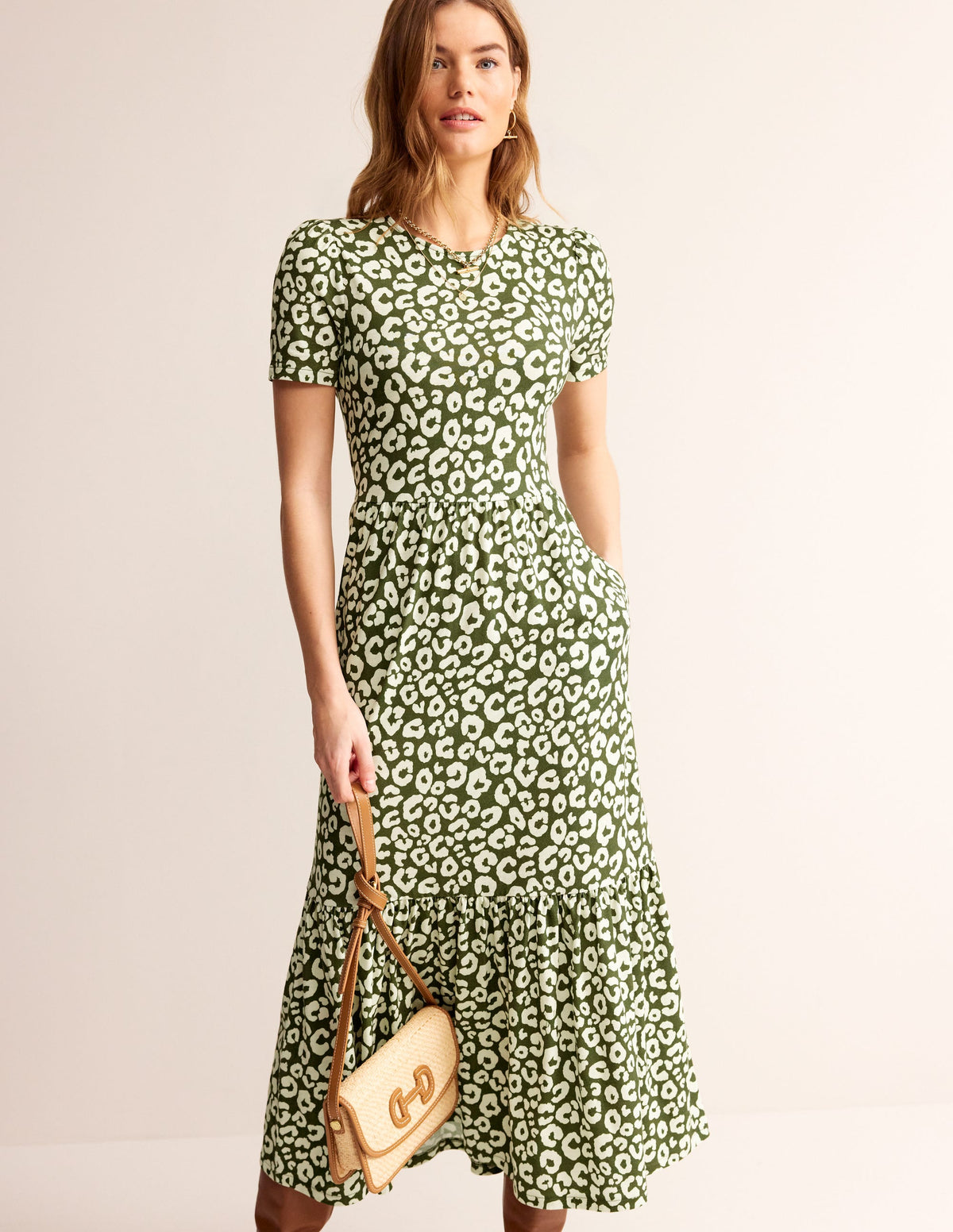 Emma Tiered Jersey Midi Dress-Moss, Animal Cheetah-4