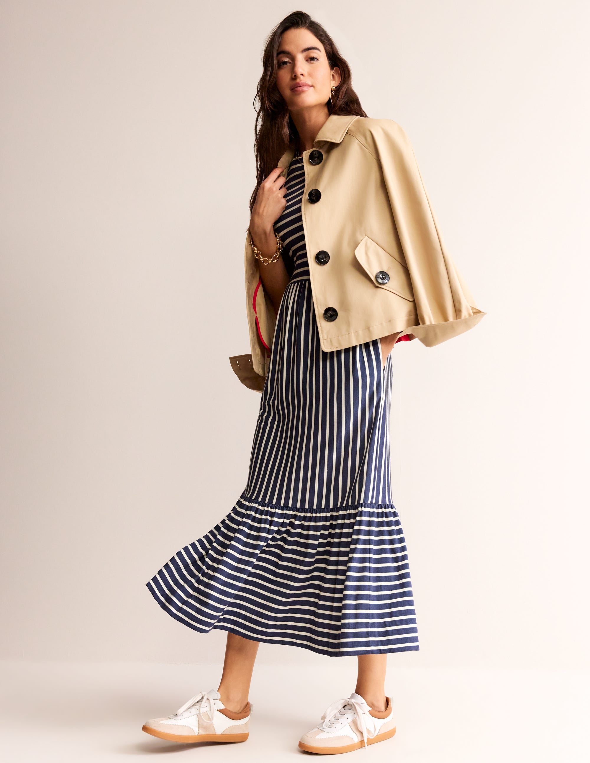 Emma Tiered Jersey Midi Dress-French Navy, Ivory Stripe - Image 4