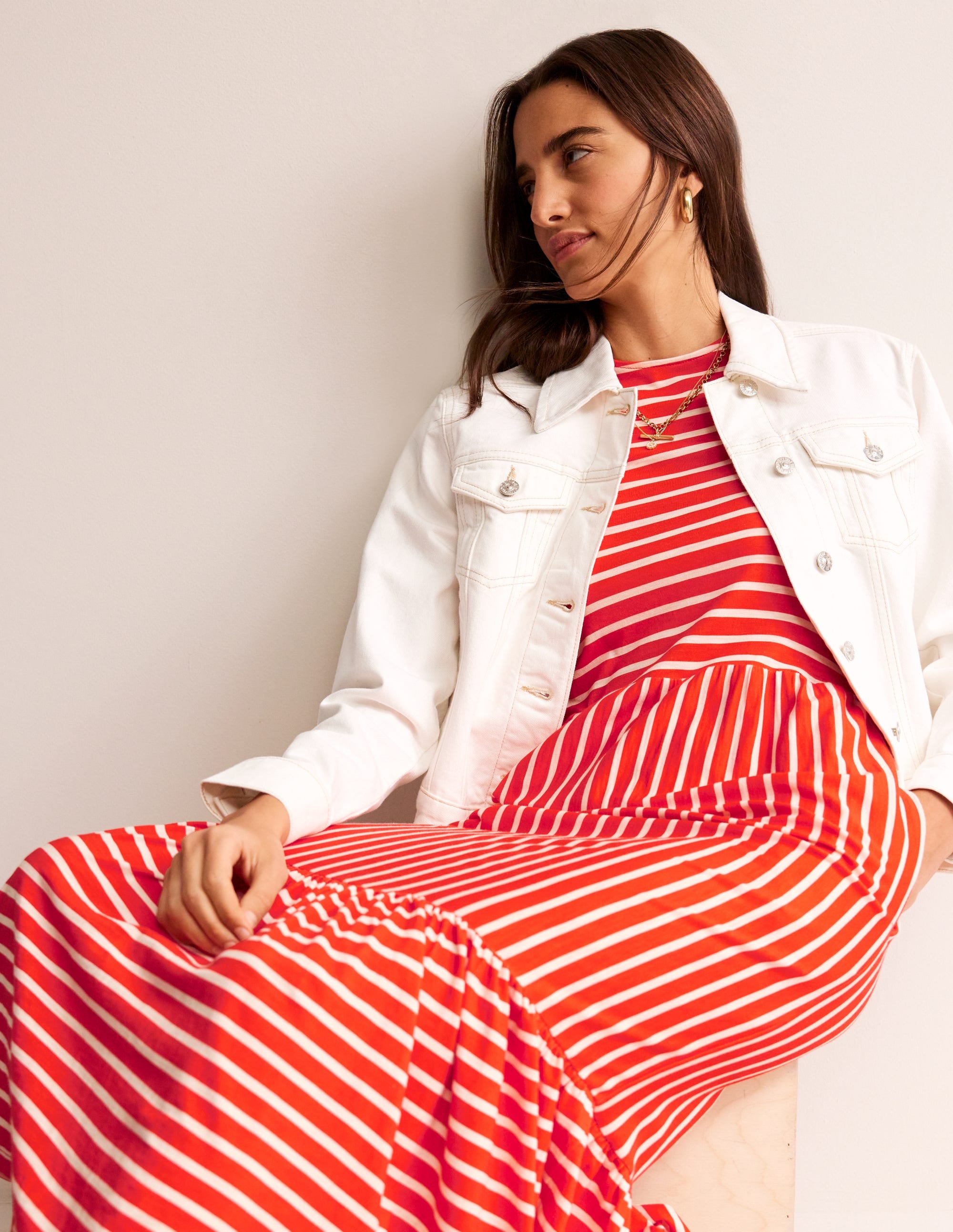 Emma Tiered Jersey Midi Dress-Fiesta, Ivory Stripe - Image 1