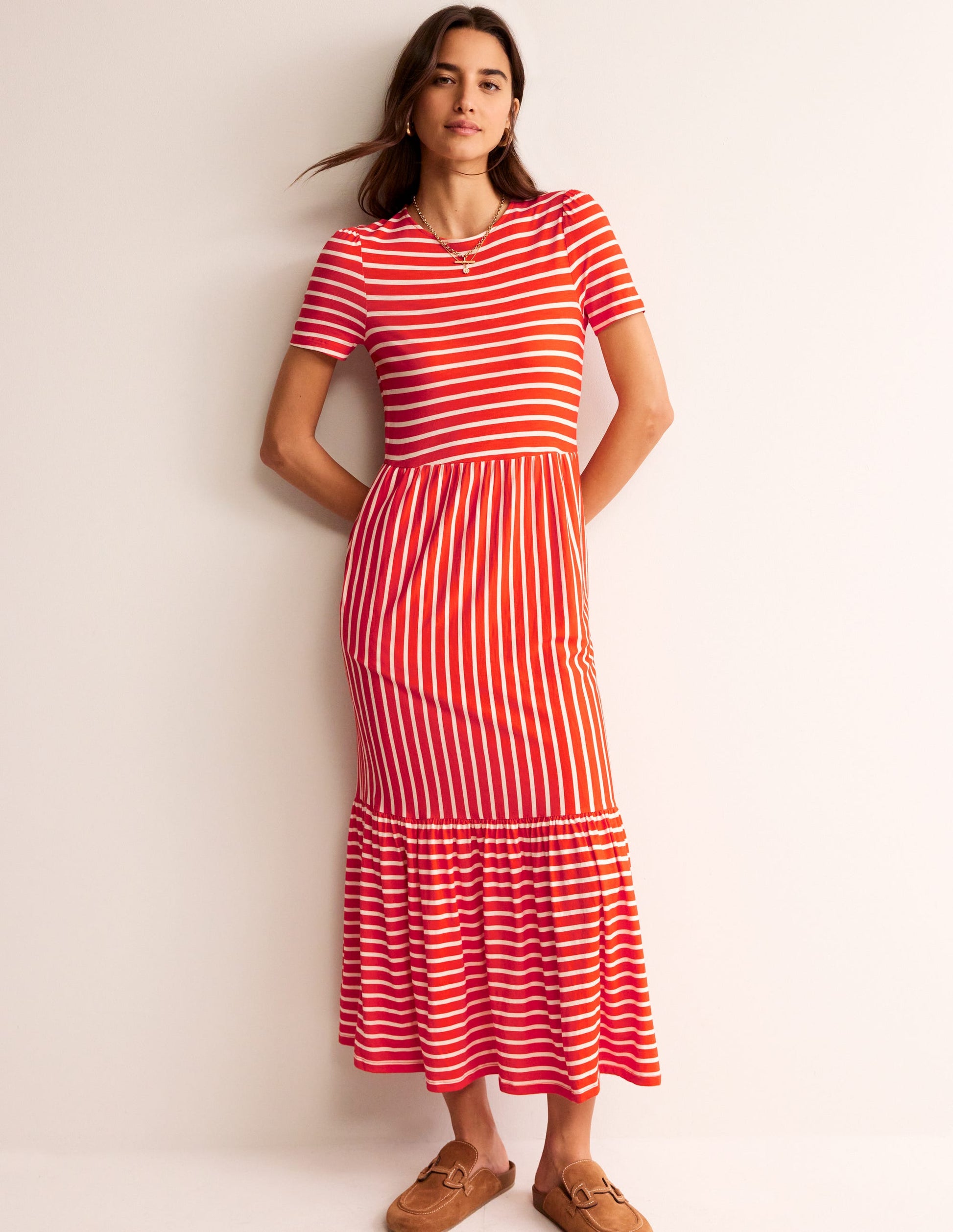 Emma Tiered Jersey Midi Dress-Fiesta, Ivory Stripe-2