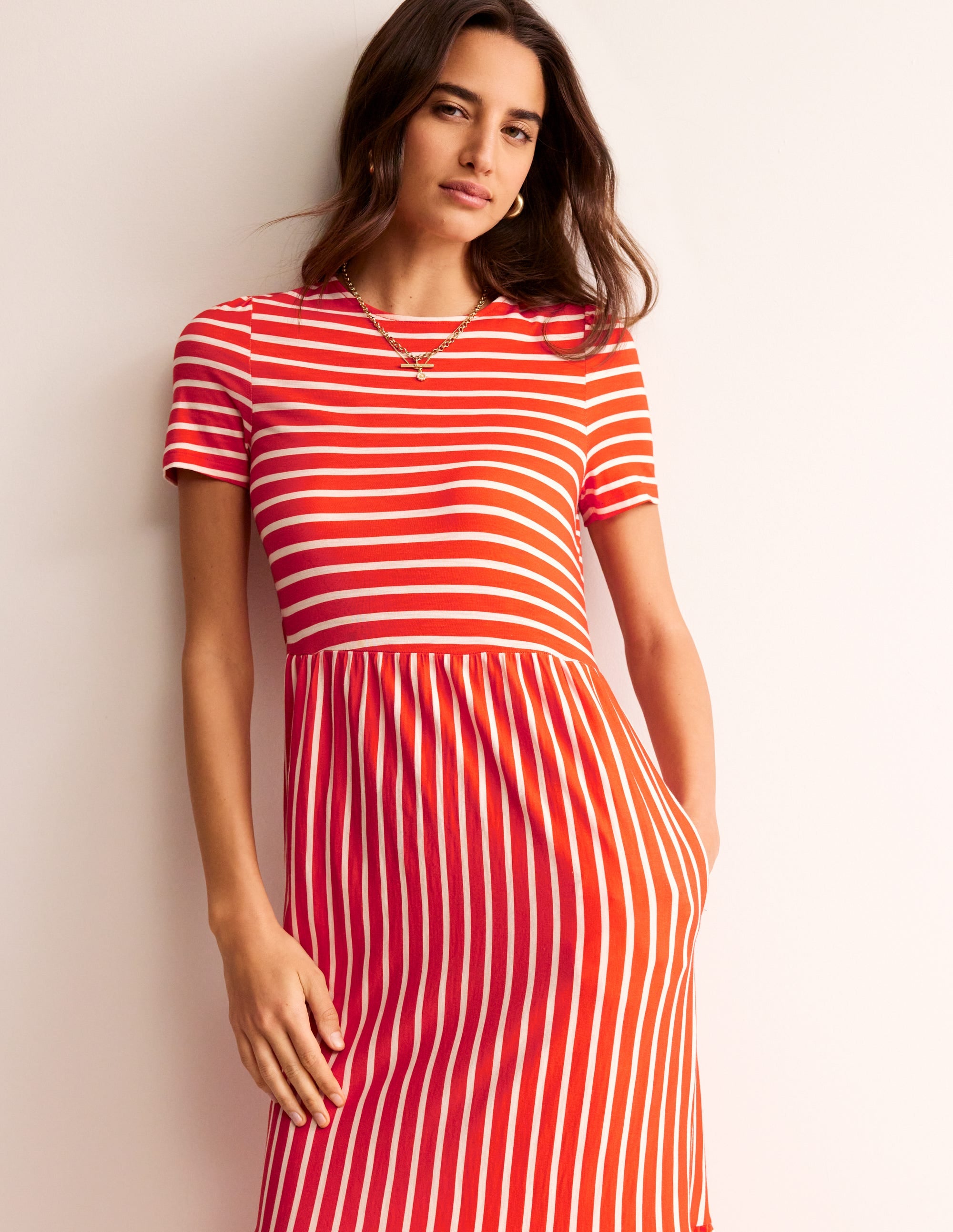 Emma Tiered Jersey Midi Dress-Fiesta, Ivory Stripe - Image 4
