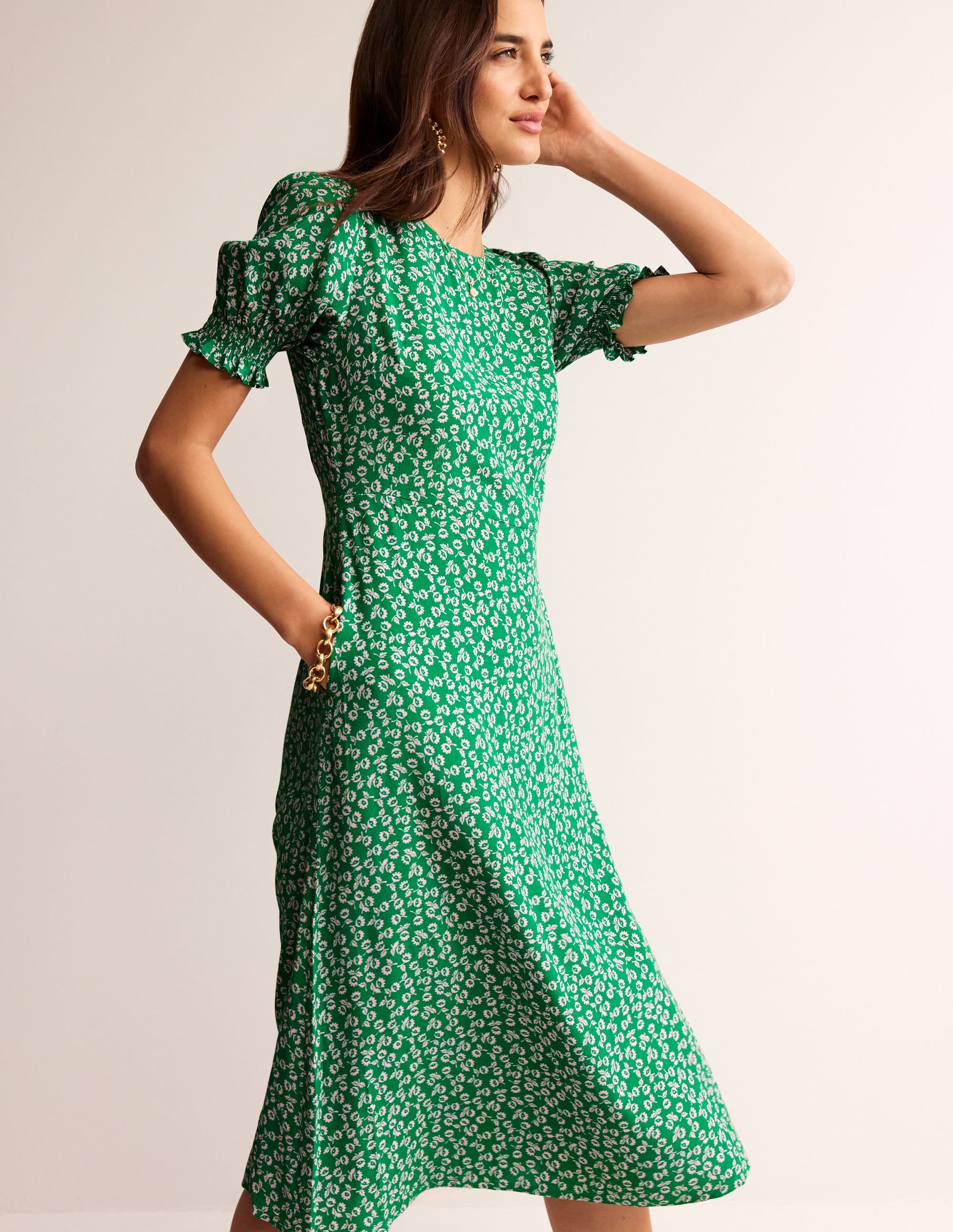 Corinne Midi Tea Dress-Green Tambourine, Ditsy Bud - Image 1