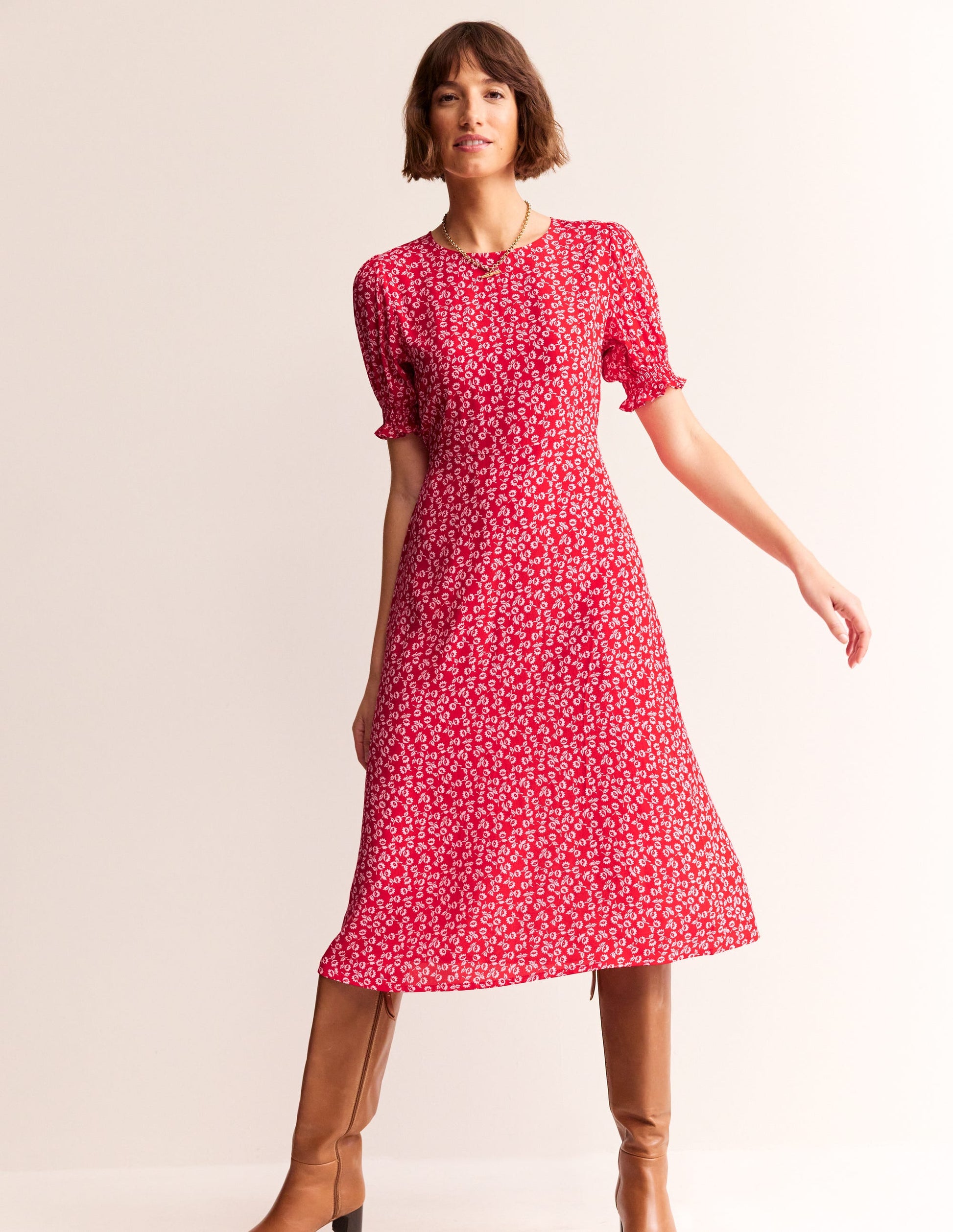 Corinne Midi Tea Dress-Flame Scarlet, Ditsy Bud-1
