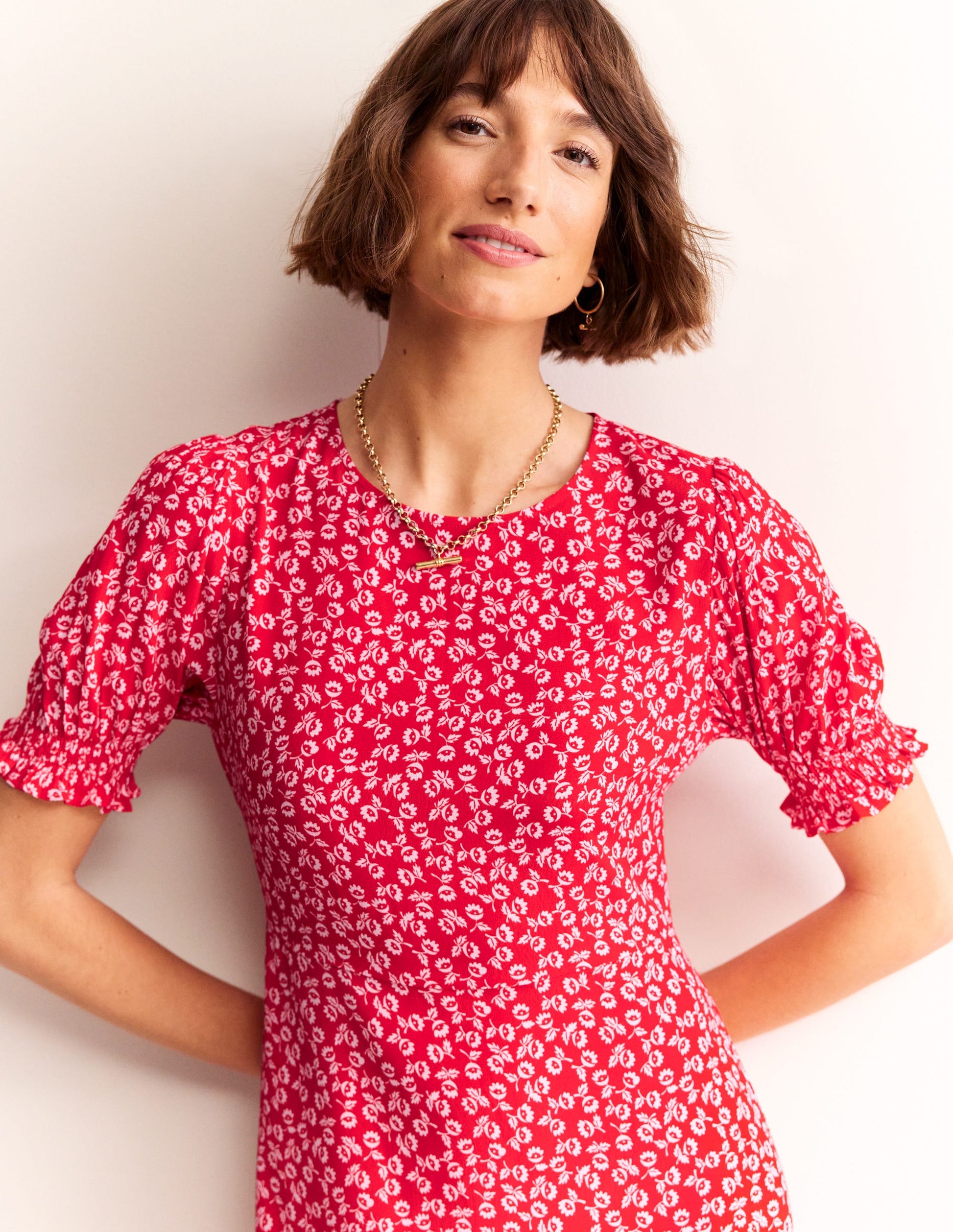 Corinne Midi Tea Dress-Flame Scarlet, Ditsy Bud-2