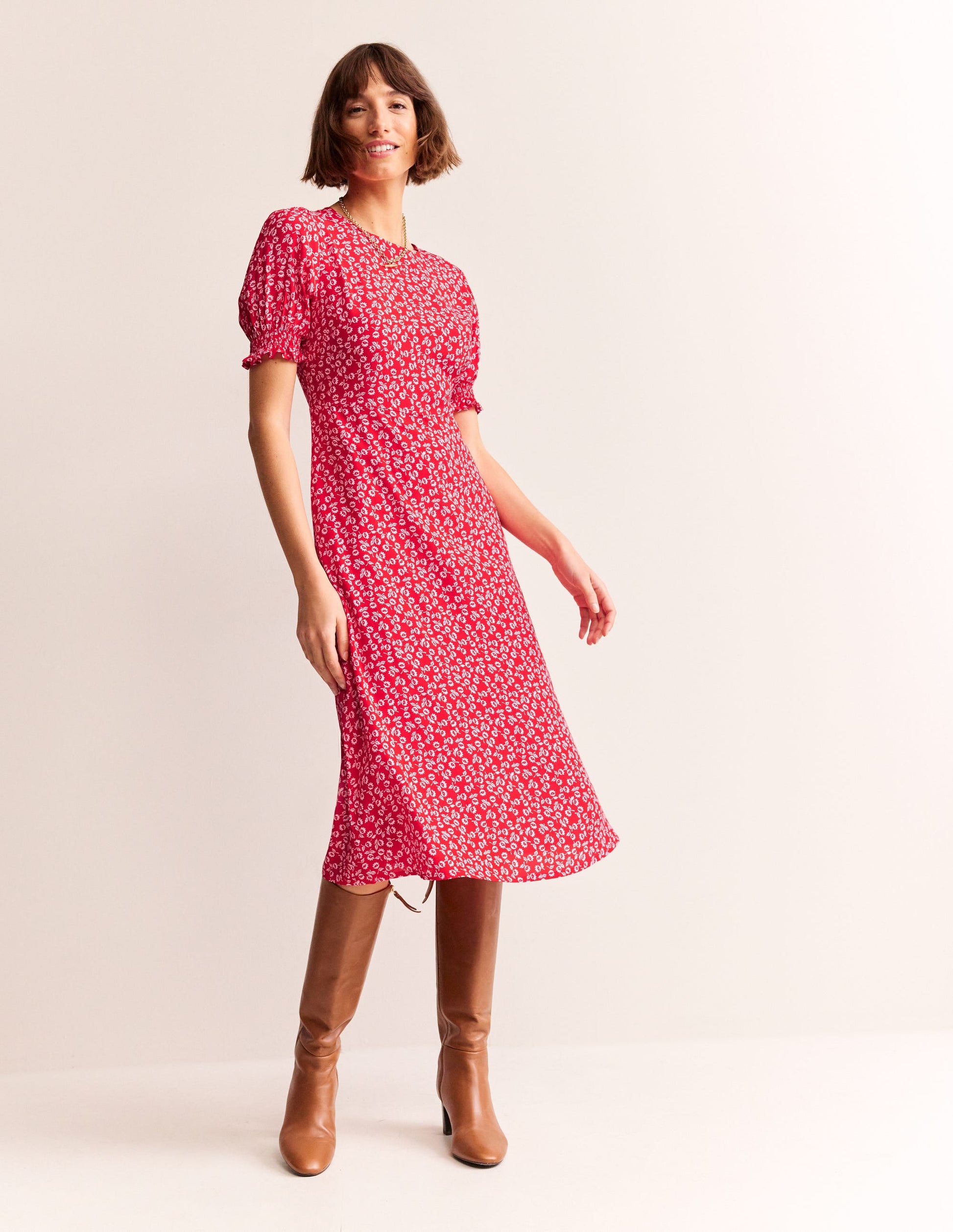Corinne Midi Tea Dress-Flame Scarlet, Ditsy Bud-4