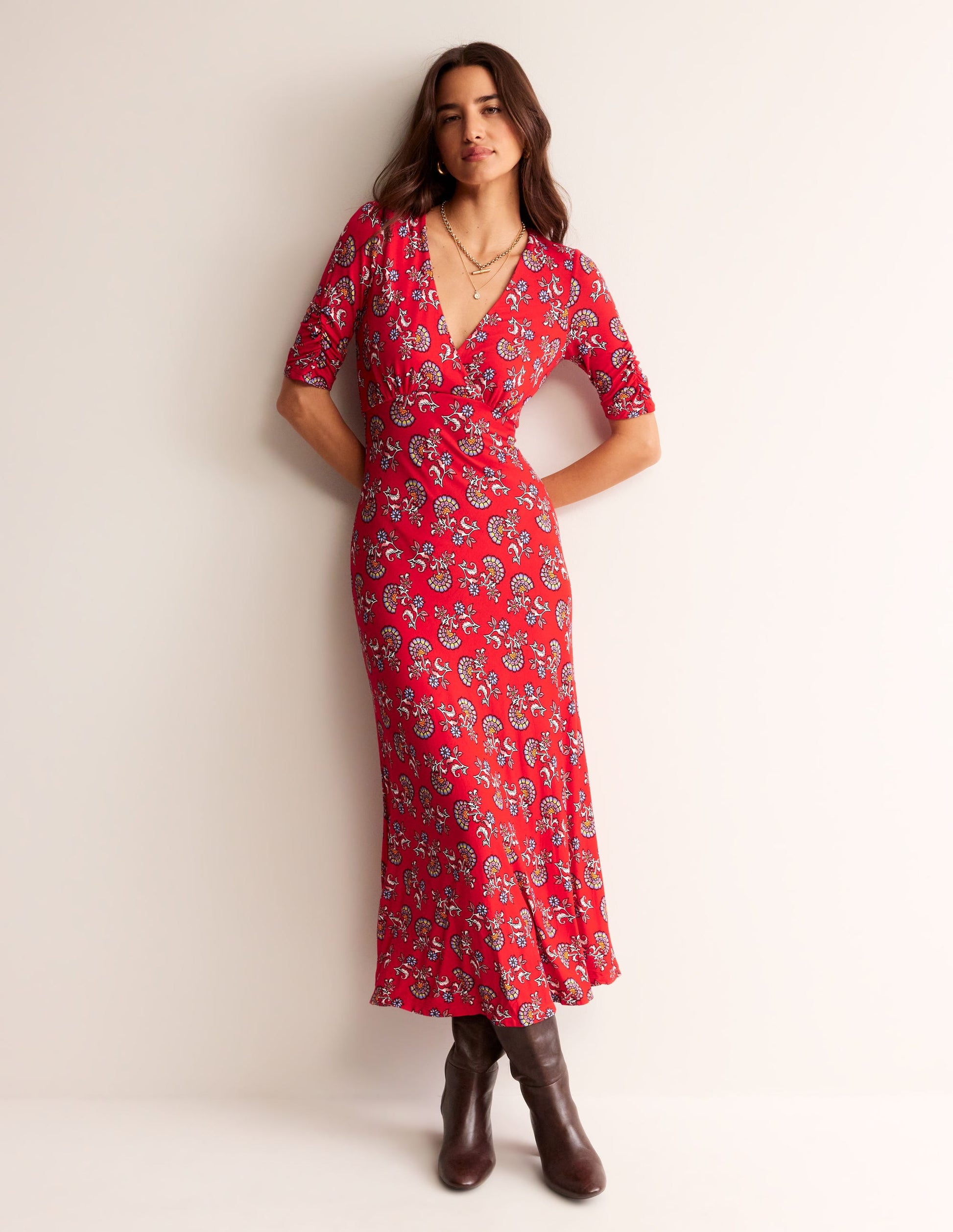 Rebecca Jersey Midi Tea Dress-Flame Scarlet, Botanical Bunch-1