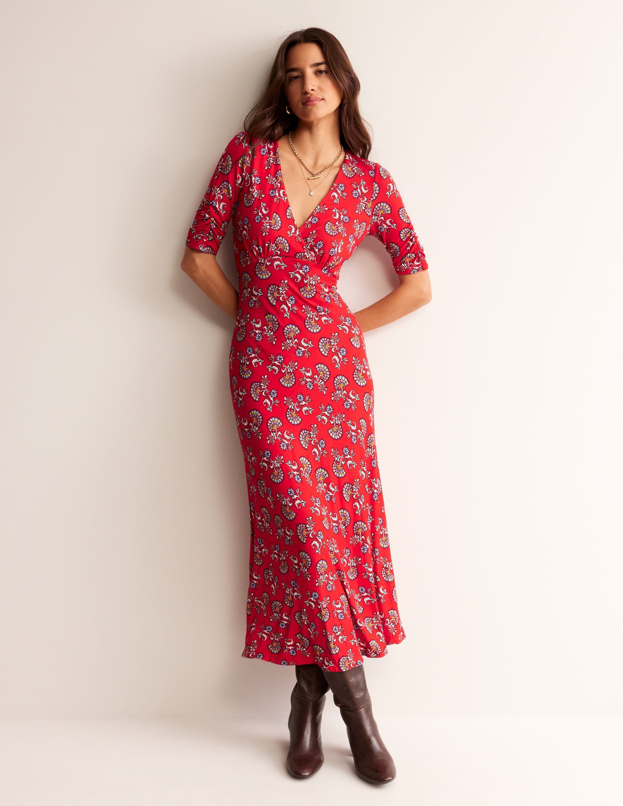 Rebecca Jersey Midi Tea Dress-Flame Scarlet, Botanical Bunch - Image 1