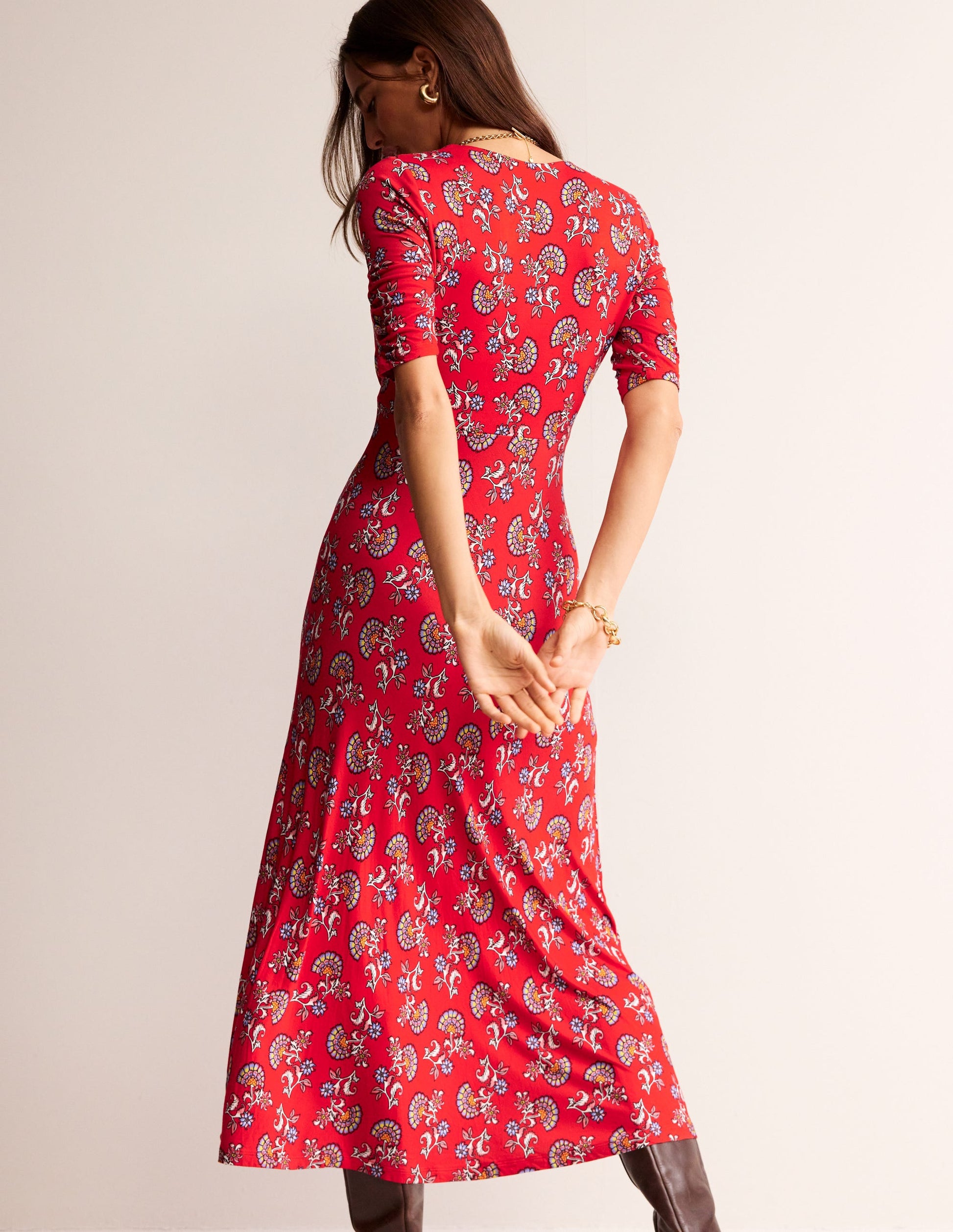 Rebecca Jersey Midi Tea Dress-Flame Scarlet, Botanical Bunch-3