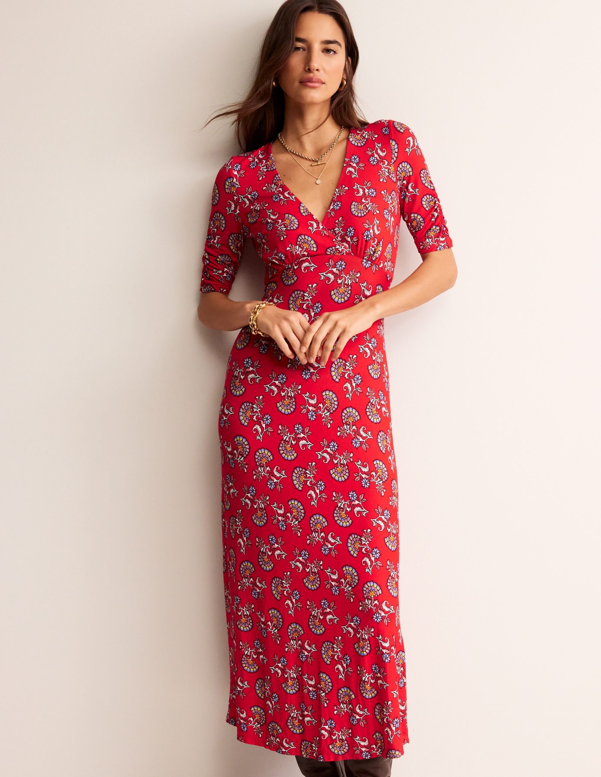 Rebecca Jersey Midi Tea Dress-Flame Scarlet, Botanical Bunch - Image 4