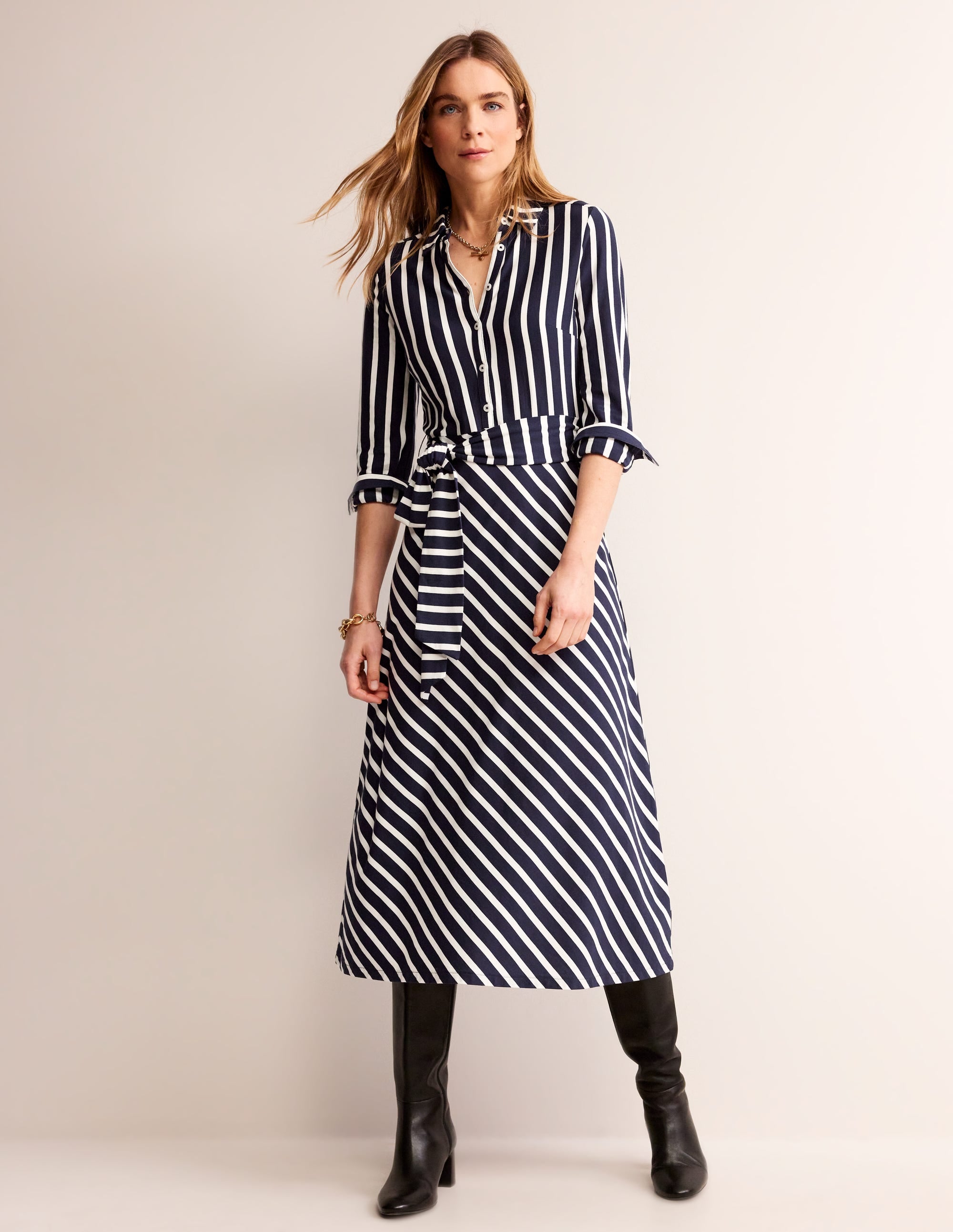 Laura Jersey Midi Shress-French Navy, Ivory Stripe - Image 2