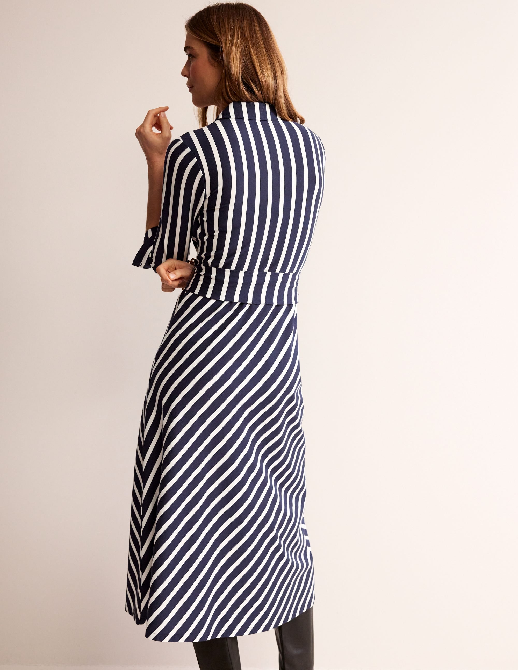 Laura Jersey Midi Shress-French Navy, Ivory Stripe - Image 3