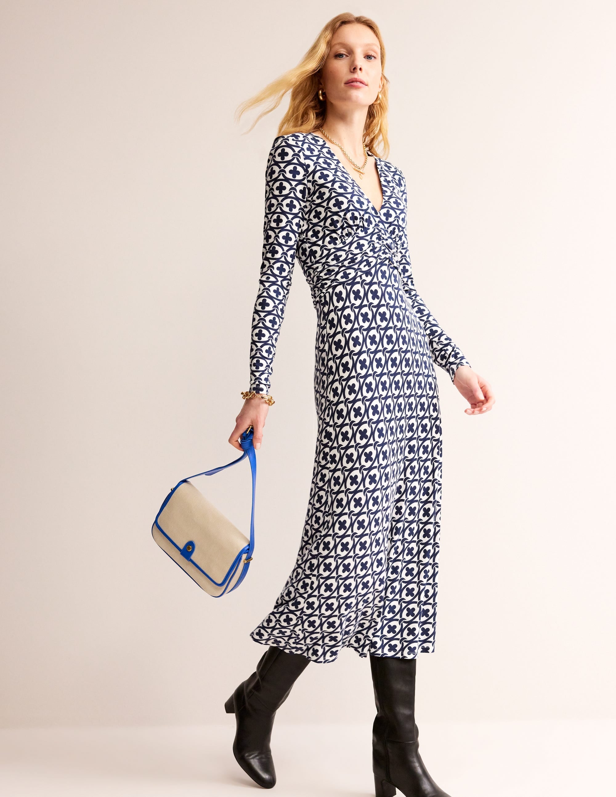 Elodie Empire Midi Dress-French Navy, Petal Chain - Image 1