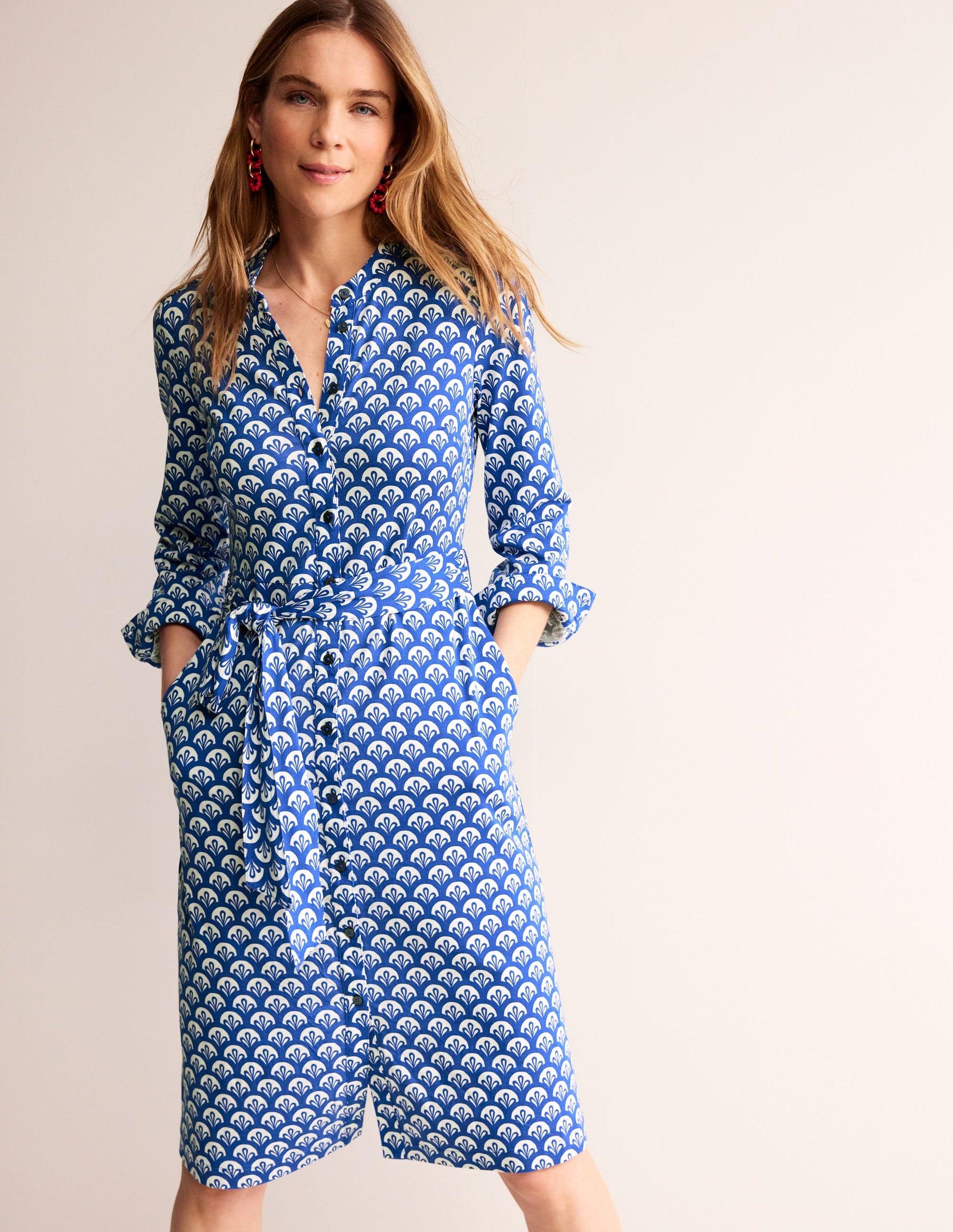 Julia Jersey Shirt Dress-Surf The Web, Foliage Geo-4