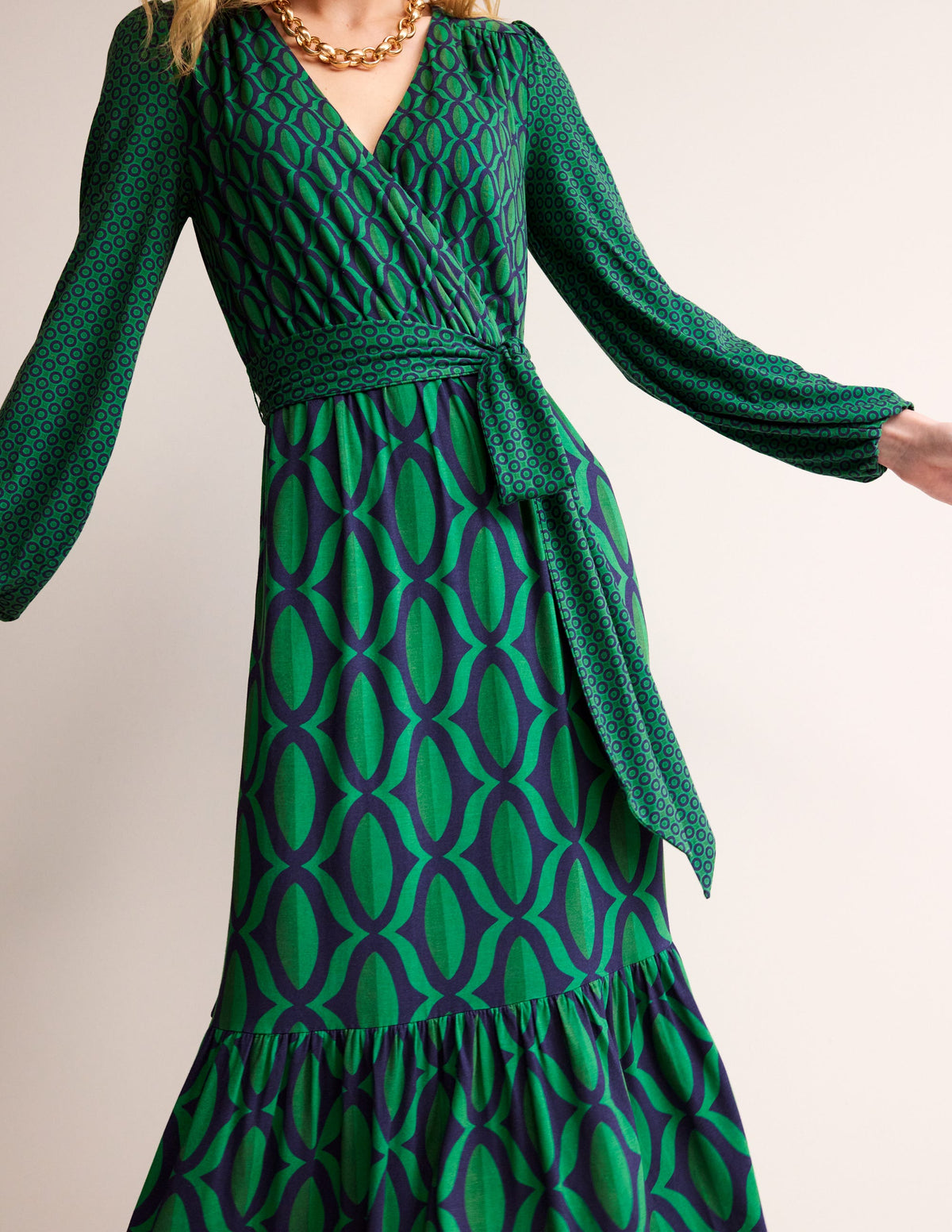 Jersey Maxi Wrap Dress-Veridian Green, Geo Valley - Image 2
