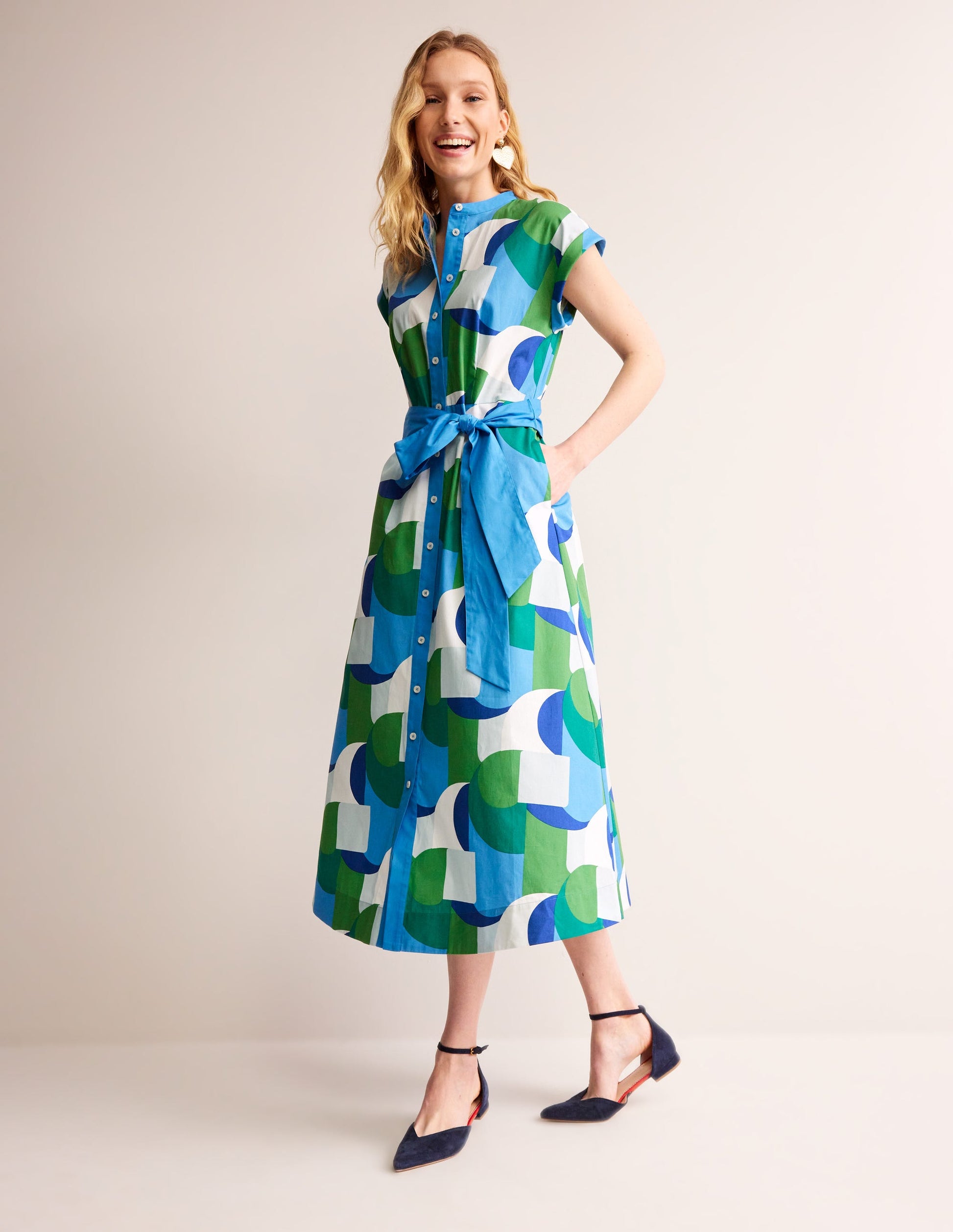 Amanda Cotton Midi Shirt Dress-Blue, Geometric Swirl-1