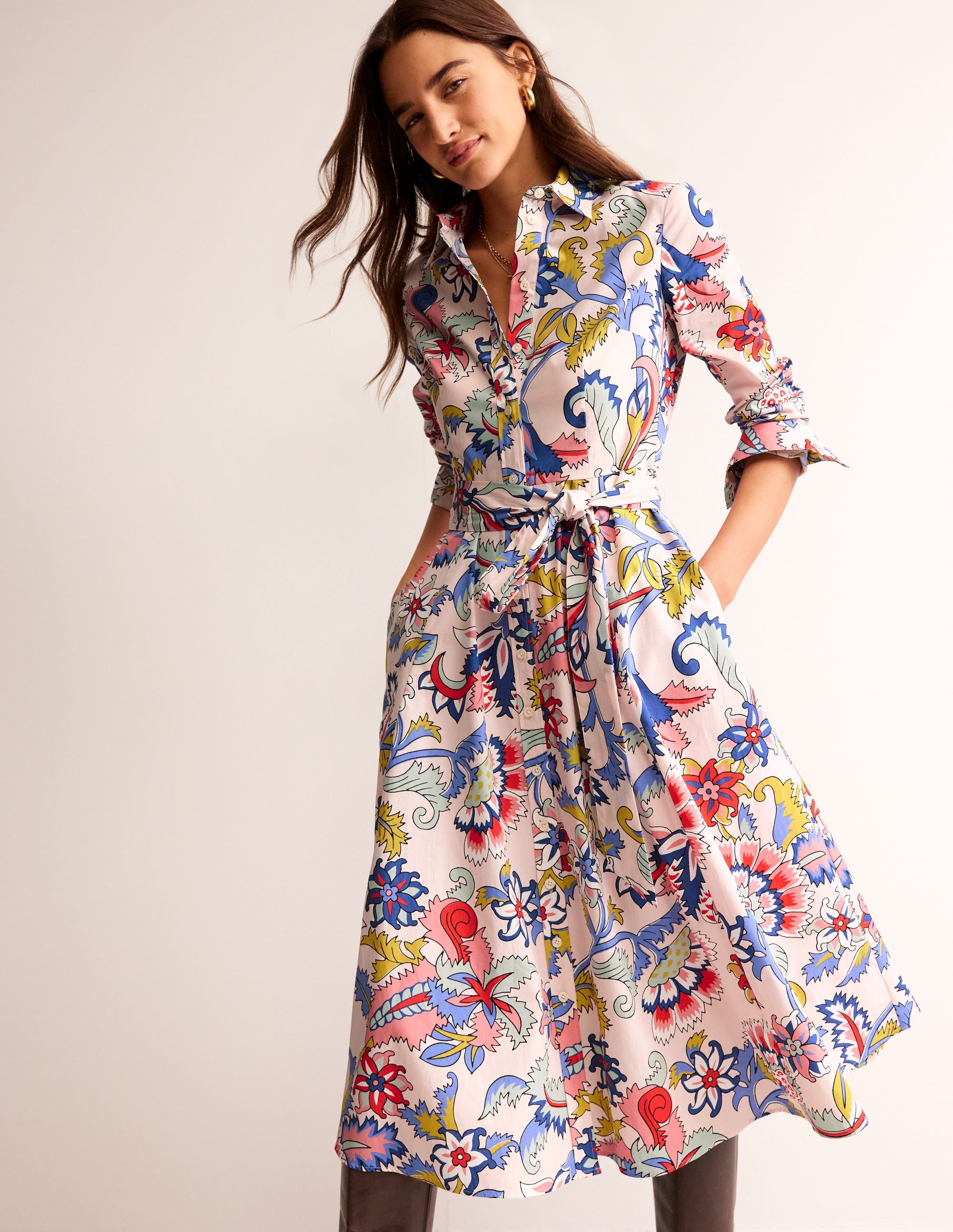 Amy Cotton Midi Shirt Dress-Marshmallow, Botanical Bunch - Image 1