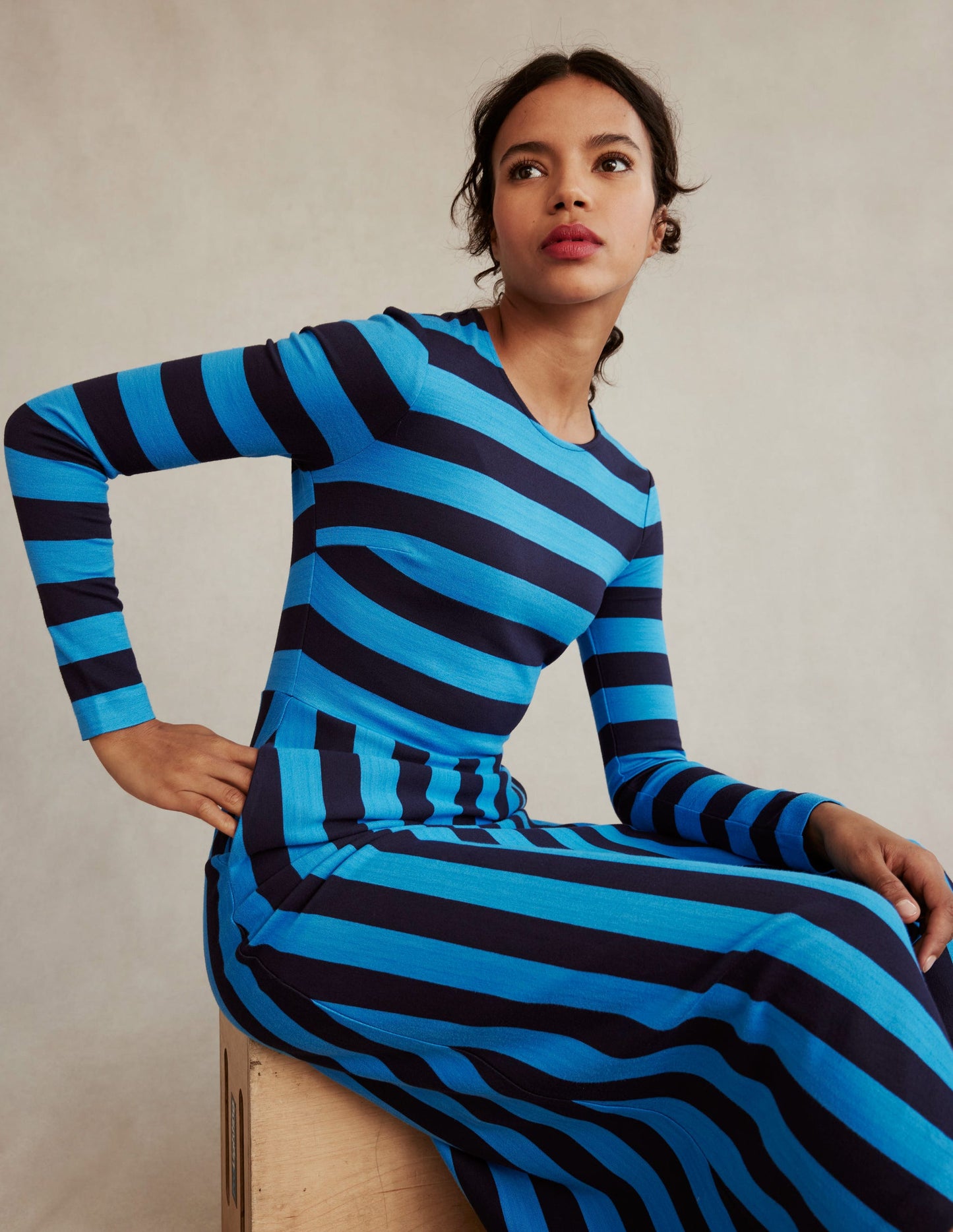 Stripe Jersey Midi Dress-Navy, Brilliant Blue Stripe