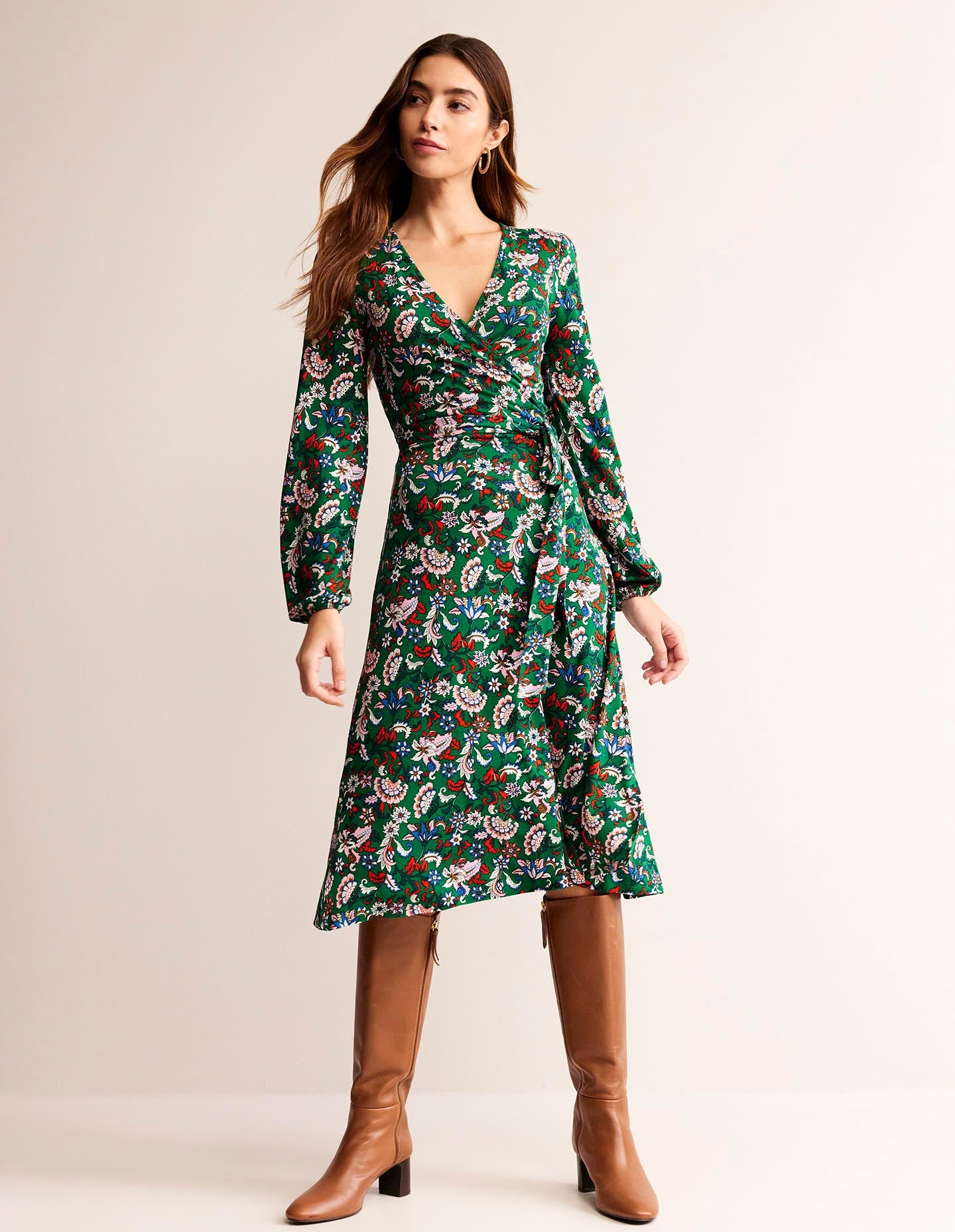 Joanna Jersey Midi Wrap Dress-Green, Botanical Bunch - Image 4