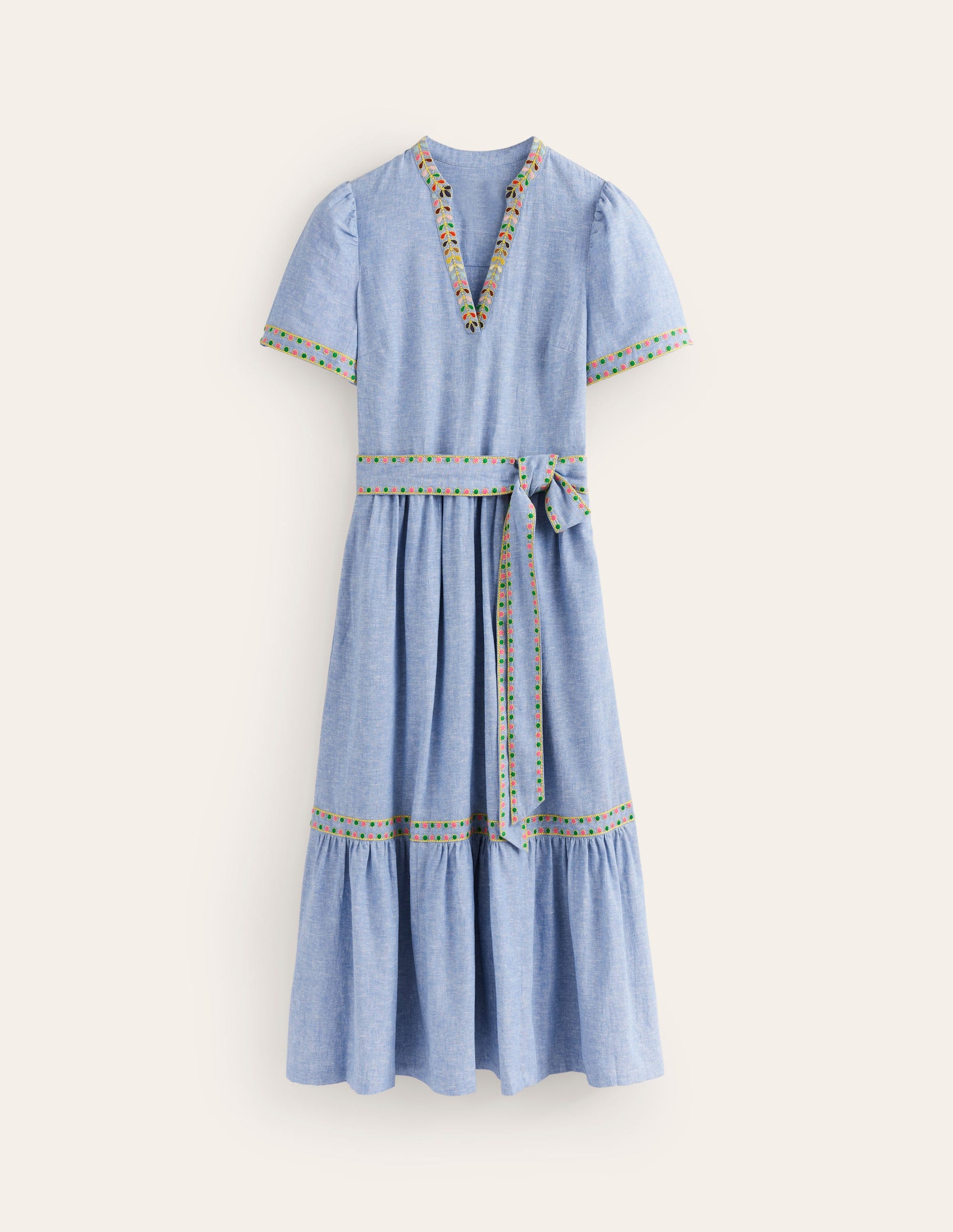 Embroidered Linen Blend Dress-Chambray-6