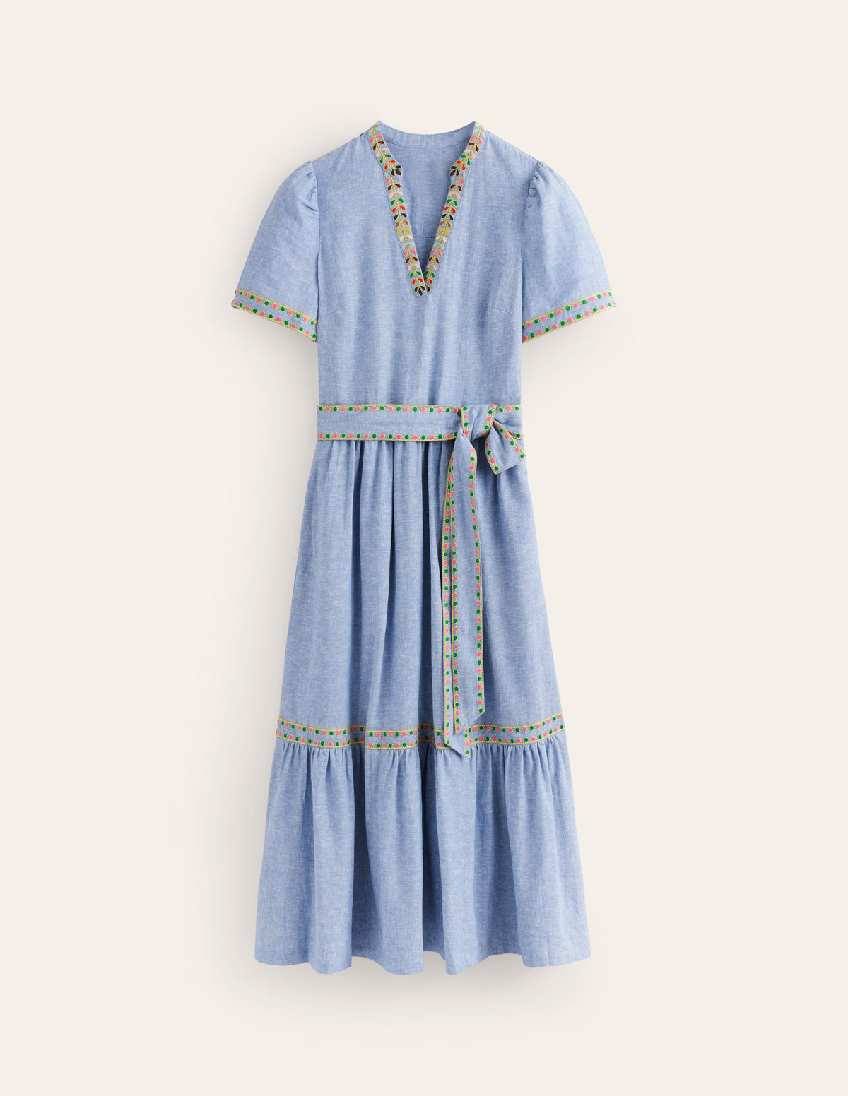 Embroidered Linen Blend Dress-Chambray - Image 6