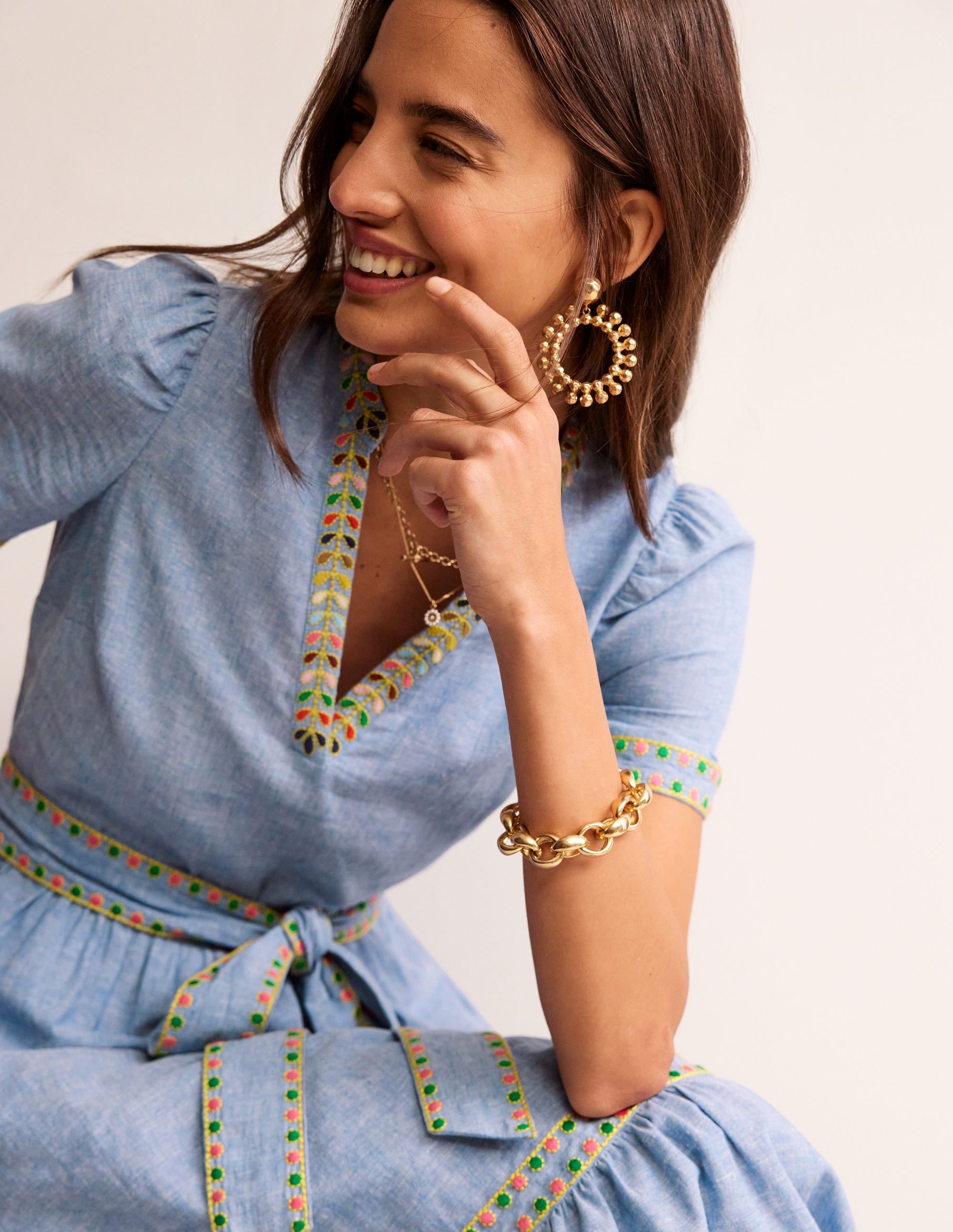 Embroidered Linen Blend Dress-Chambray - Image 1