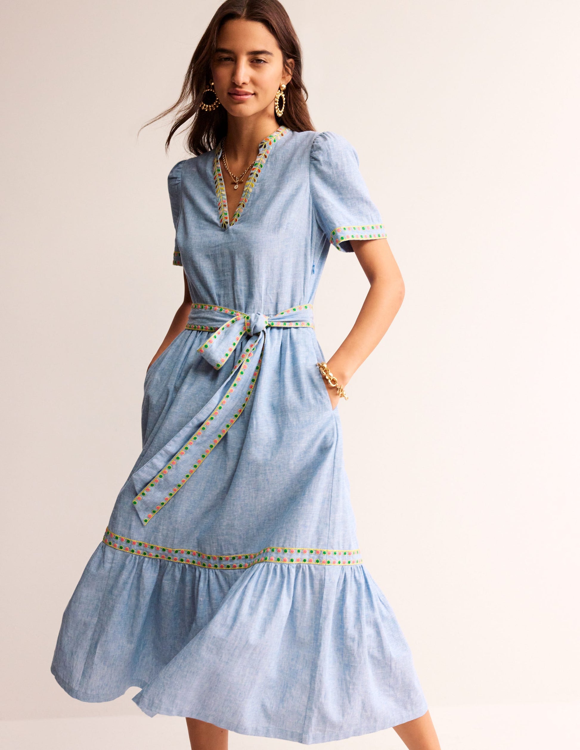 Embroidered Linen Blend Dress-Chambray-2