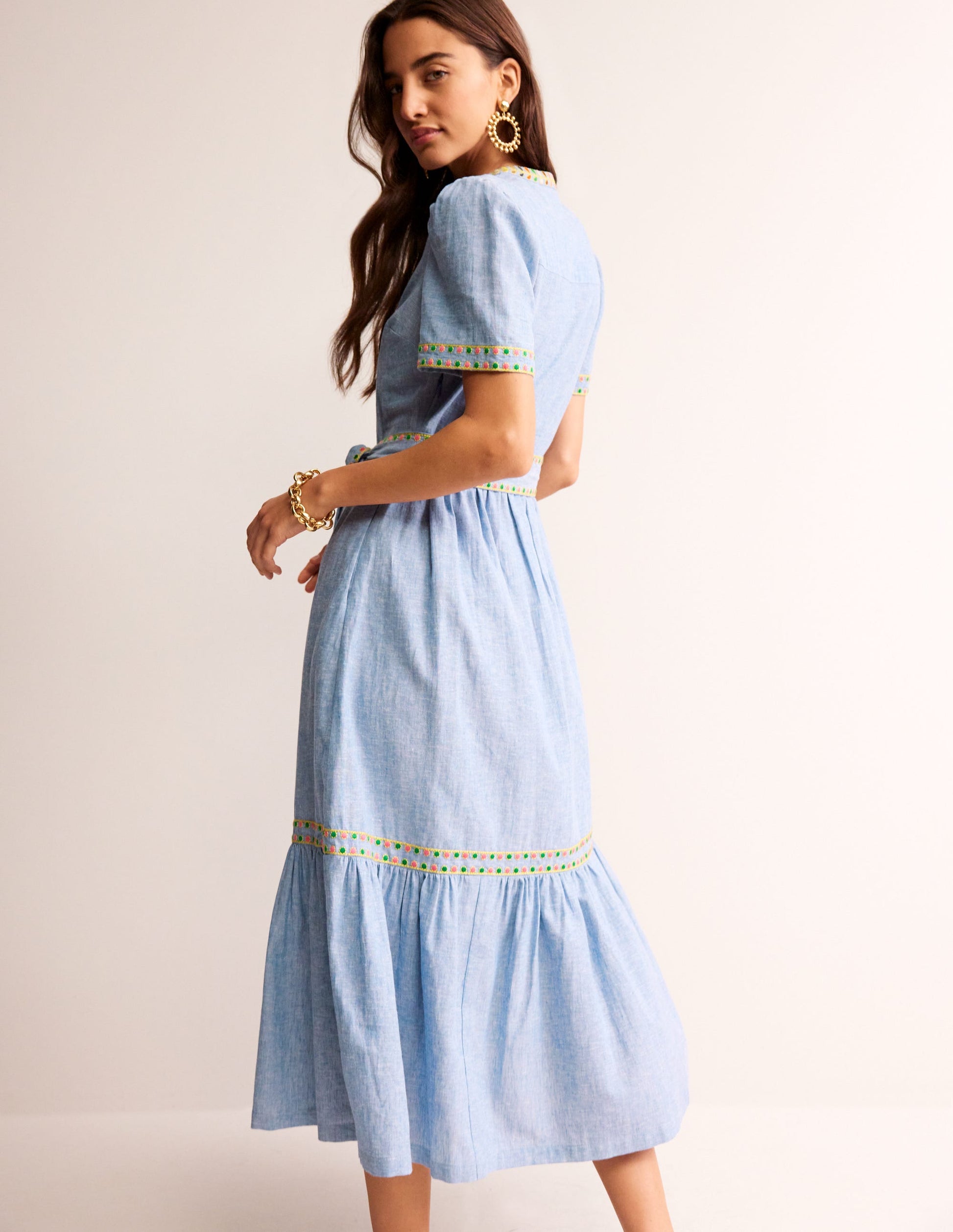 Embroidered Linen Blend Dress-Chambray-3
