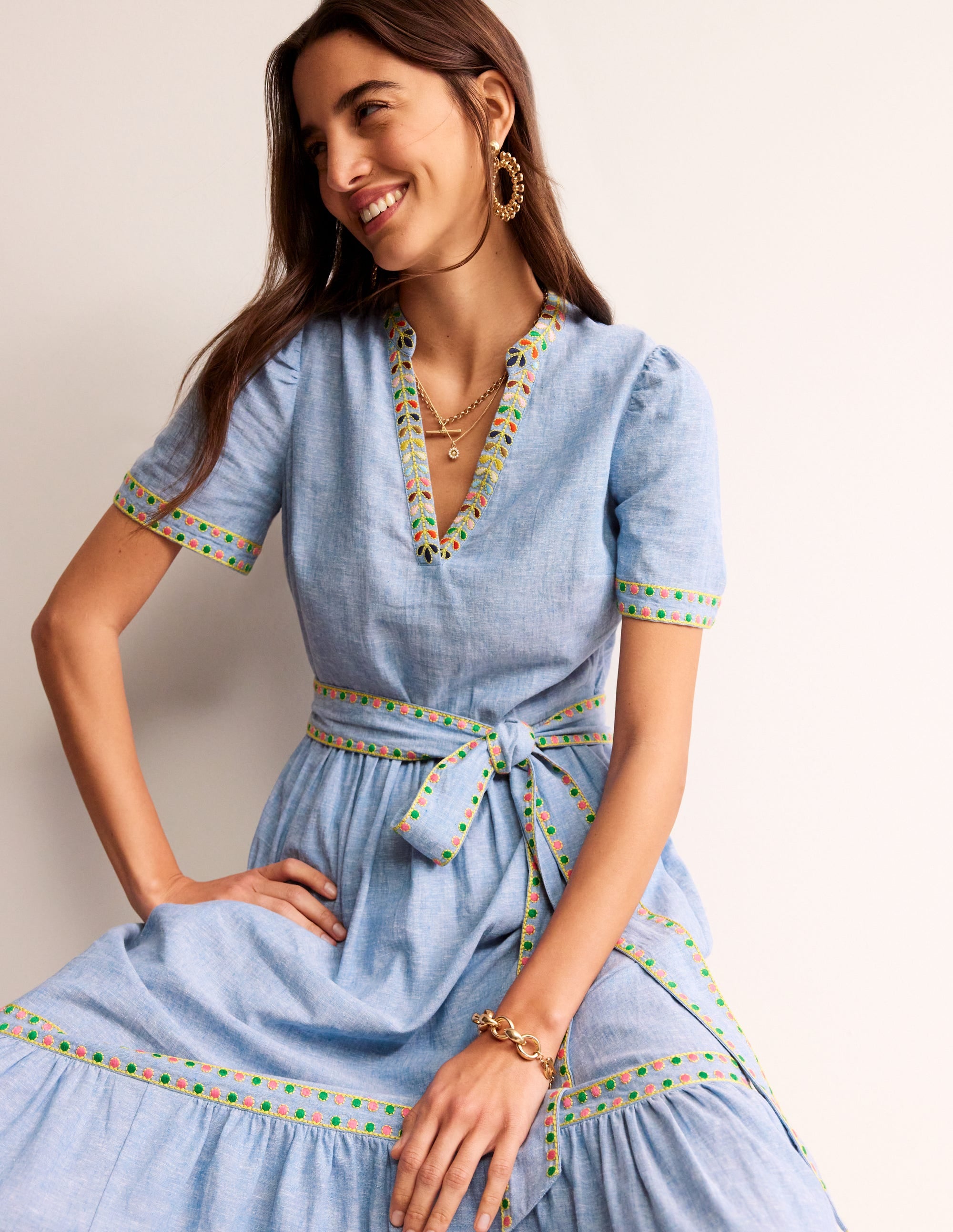 Embroidered Linen Blend Dress-Chambray - Image 4