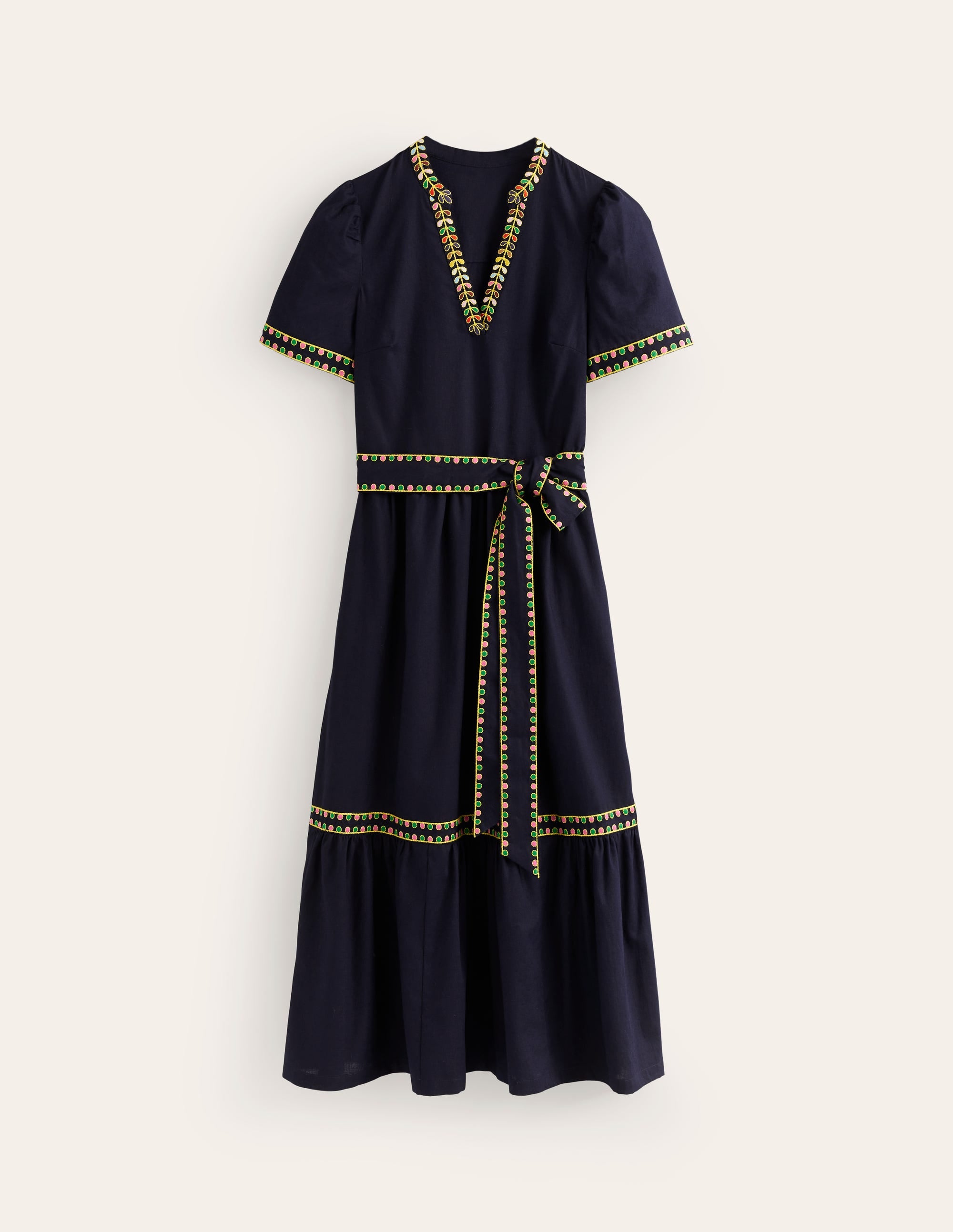 Embroidered Linen Blend Dress-Navy - Image 5