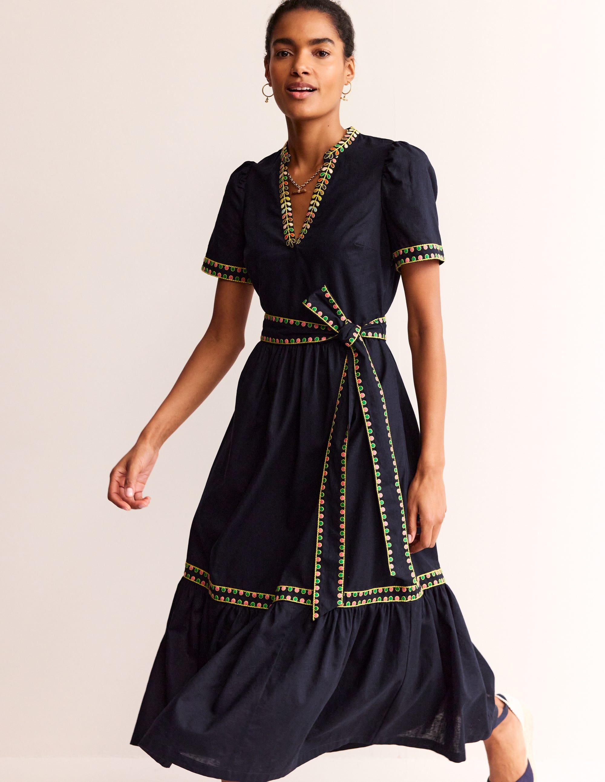 Embroidered Linen Blend Dress-Navy - Image 1