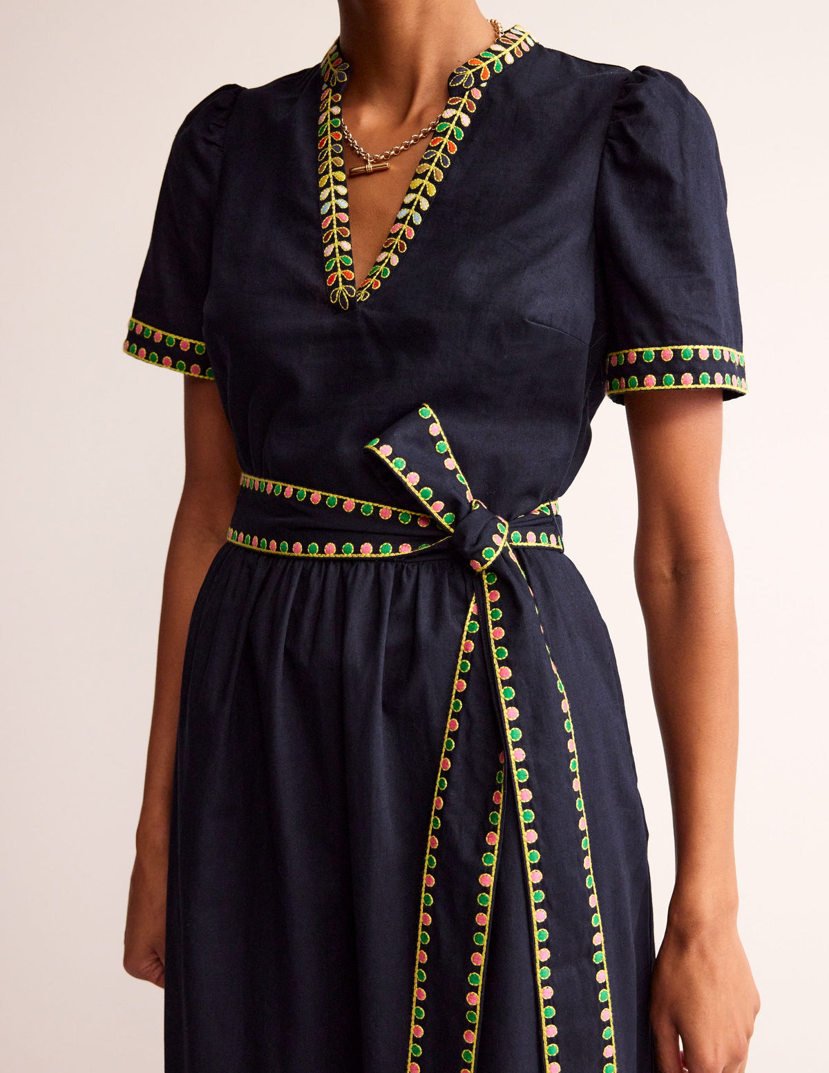 Embroidered Linen Blend Dress-Navy - Image 2
